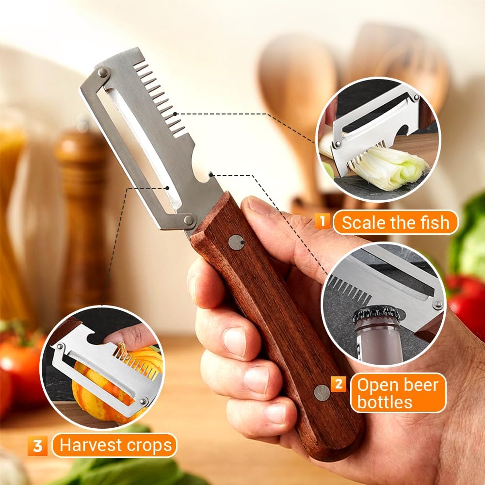 Premium Vegetable Peeler with Wooden Handle and Bottle Opener, Multi-Functional Vegetable Peeler for Kitchen, Kitchen Gadgets Tool for Fruit Pumpkin Peeling Potato Carrot Veggie Peeler (3) - Image 7