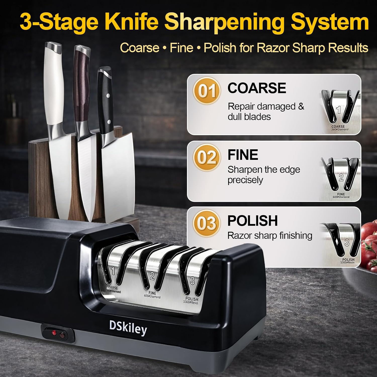 Electric Knife Sharpener for Kitchen – Professional 3-Stage 100% Diamond System with 20° Precision Angle, Fast Sharpening to Restore & Polish Chef Knives (Silver) - Image 3
