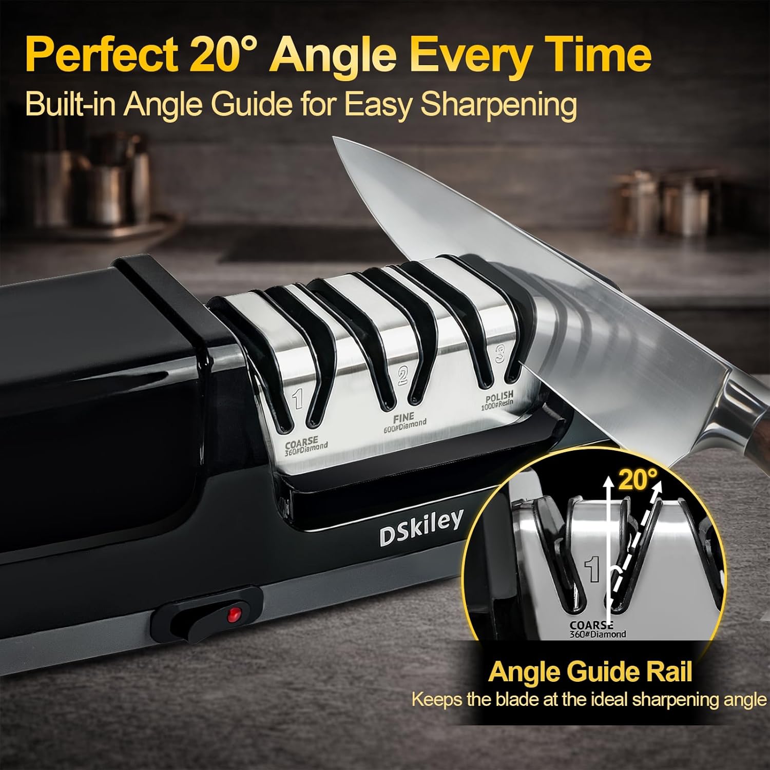 Electric Knife Sharpener for Kitchen – Professional 3-Stage 100% Diamond System with 20° Precision Angle, Fast Sharpening to Restore & Polish Chef Knives (Silver) - Image 4