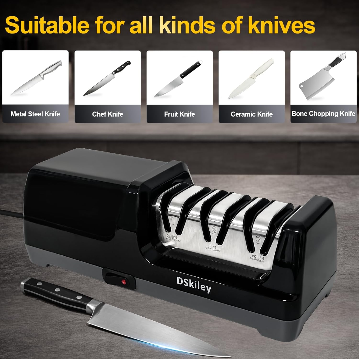 Electric Knife Sharpener for Kitchen – Professional 3-Stage 100% Diamond System with 20° Precision Angle, Fast Sharpening to Restore & Polish Chef Knives (Silver) - Image 6