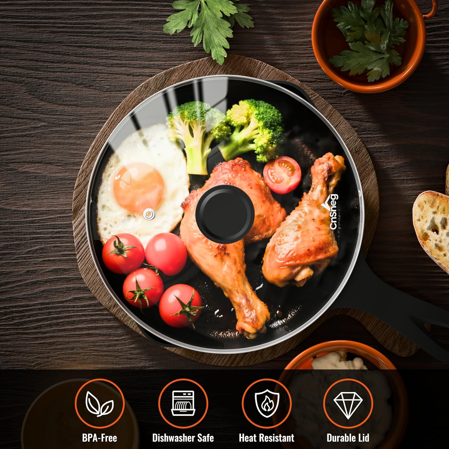 12 Inch Pan Lid For Pots Pans and Skillets, Cast Iron Skillet Lid, Large Tempered Glass Pan Lids, Replacement Pan Cover for Frying, Crock Pot Lid with Stainless Steel Rim, Cookware Pot Covers - Image 5