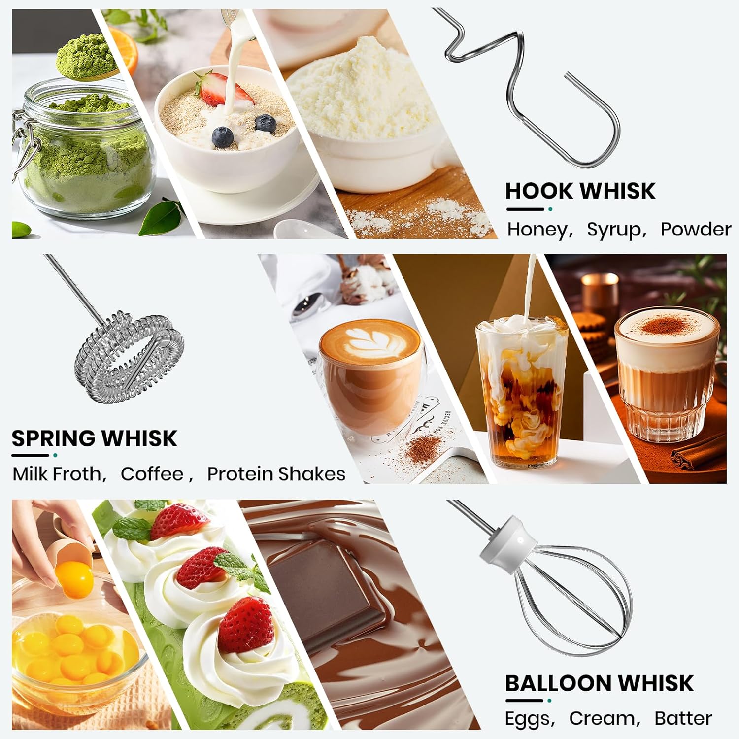 Colarlemo Milk Frother Handheld Rechargeable, Frother Wand Drink Mixer Electric Whisk for Coffee, Detachable With 3 Stainless Whisks, Hand Mixer for Lattes, Cappuccino, Matcha, Egg, No Stand,Black - Image 3