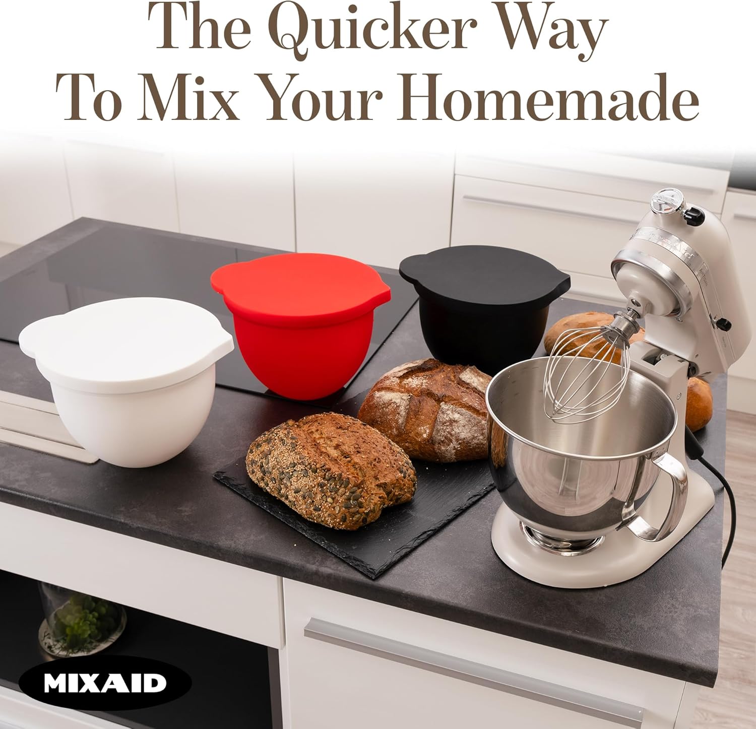 The Original MIXAID Silicone Bowl Insert Liners for KitchenAid Tilt-Head 5 Qt Stand Mixers - Replacement Mixer Accessories - Leak-Proof Design, Non-slip Base & Easy Clean - Set 1 Liner & Lid, Red - Image 4