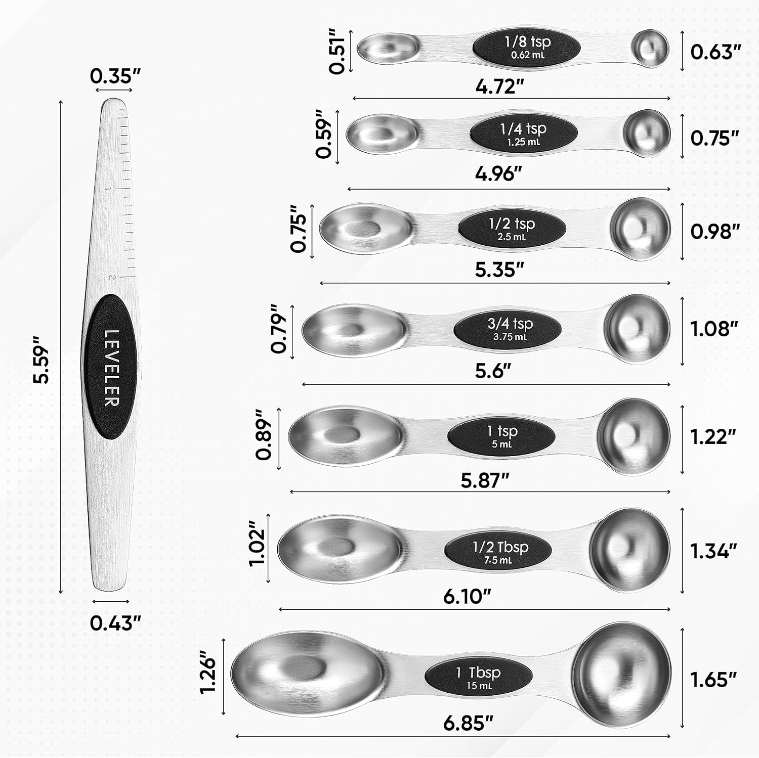 Spring Chef Magnetic Measuring Cups & Spoons Set, Patented, Strong N45 Magnets, Heavy Duty Stainless Steel Fits in Spice Jars for Baking & Cooking, BPA Free, Round Set of 15 with Leveler, Black - Image 9