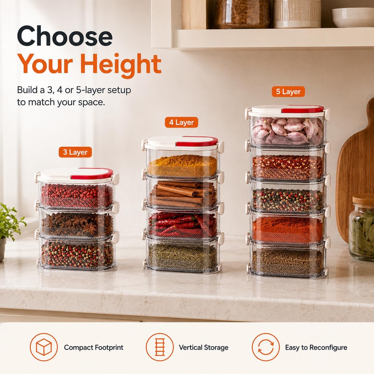 Multi-layer Sealed Spice Organizer, Stackable Multi Spice Container with Easy Lock Lids, Clear Vertical Spice Storage Box for Kitchen Cabinet, Camping, Herbs, Seasonings and Condiments (White, 1PC) - Image 3