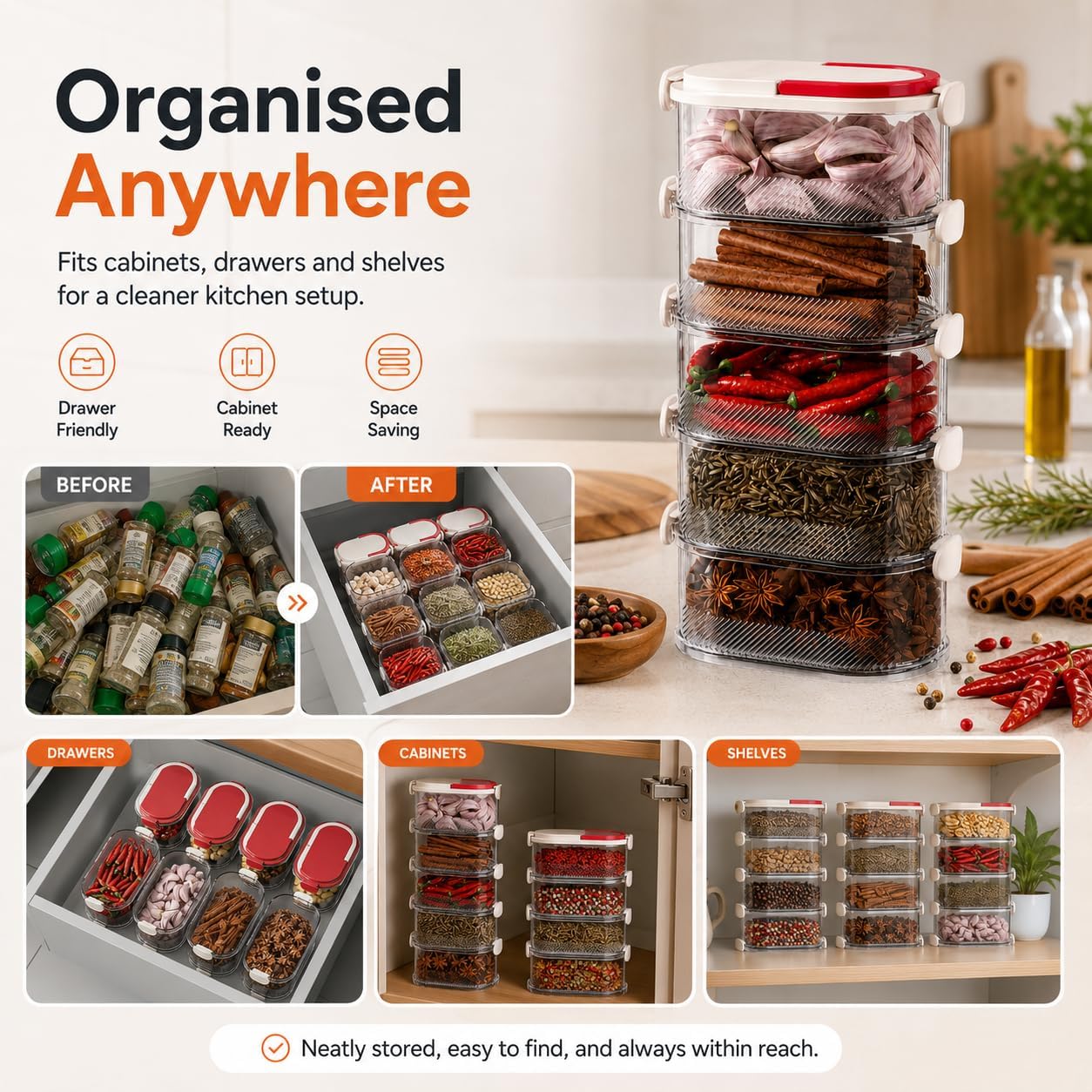Multi-layer Sealed Spice Organizer, Stackable Multi Spice Container with Easy Lock Lids, Clear Vertical Spice Storage Box for Kitchen Cabinet, Camping, Herbs, Seasonings and Condiments (White, 1PC) - Image 7