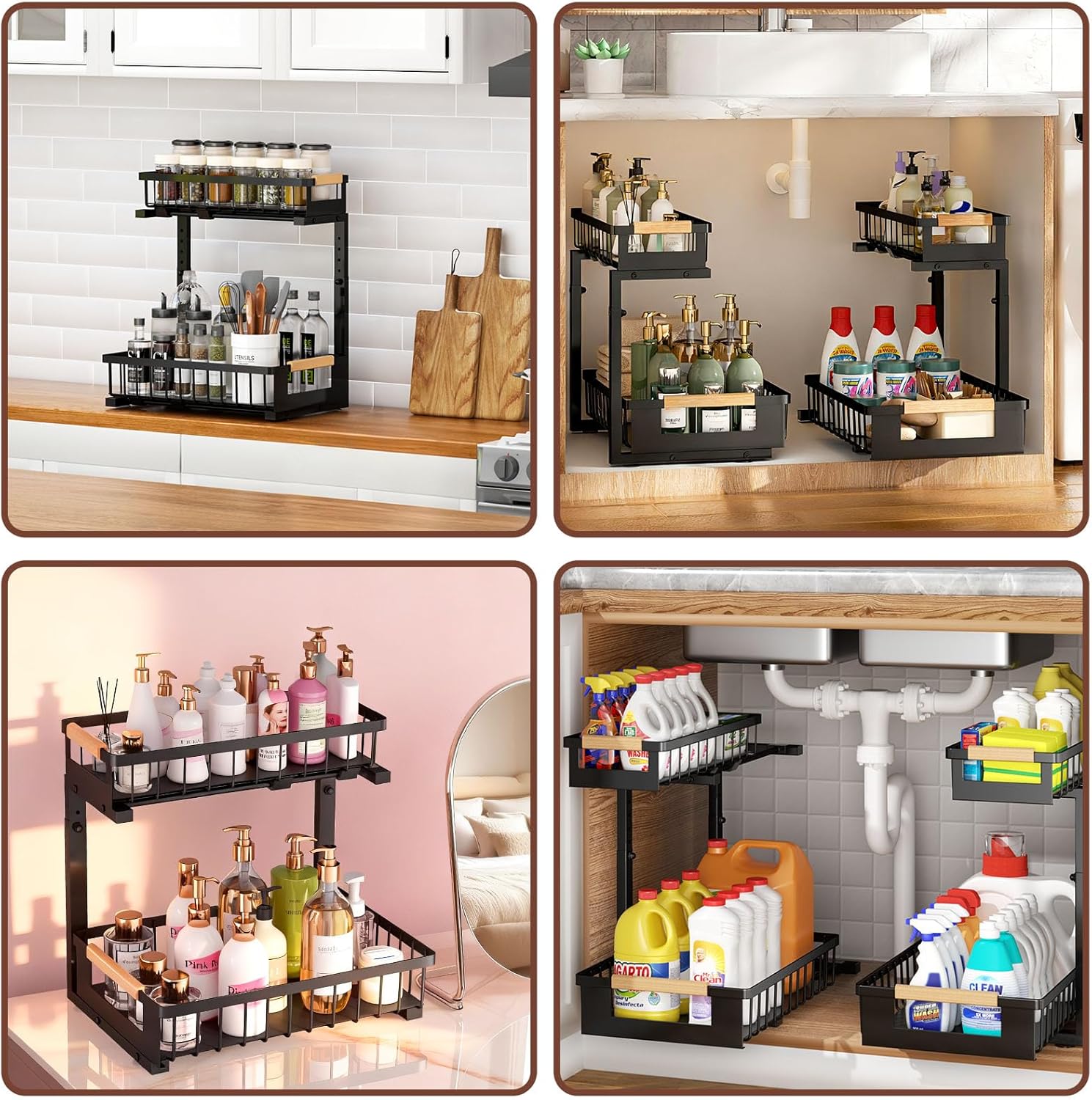 4 Pack L-Shape Under Sink Organizer, 2 Tier Pull Out Cabinet Organizer with 5-Level Adjustable Height, Double Sliding Metal Storage Rack for Kitchen Bathroom Pantry, Black - Image 7