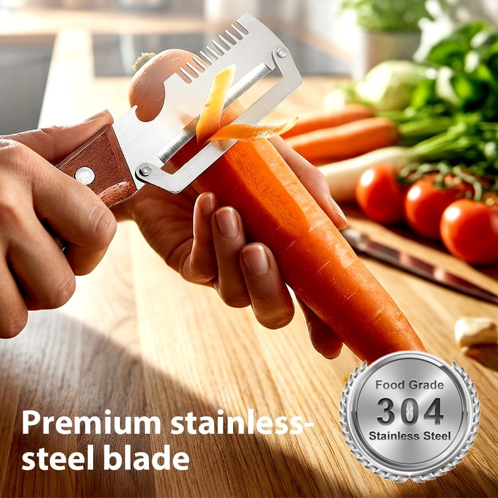 Premium Vegetable Peeler with Wooden Handle and Bottle Opener, 2026 Upgrade Multifunctional Vegetable Peeler for Kitchen, Multi-Functional Kitchen Gadgets Tool for Fruit Vegetables Potato (2) - Image 6