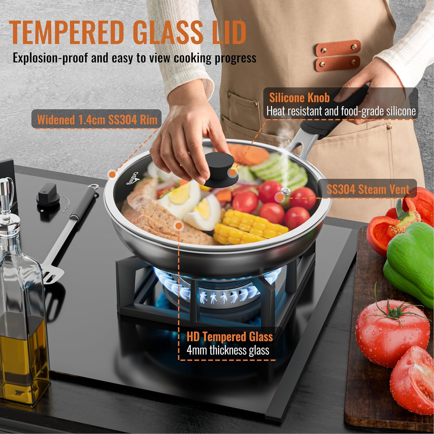 Tempered Glass Lids for Pots and Pans, Cast Iron Skillet Lid 10.5 Inch, Frying Pan Lid, Replacement Pan Cover, Wok, Crock Pot Lid with Wide Stainless Steel Rim, Heat Resistant Cookware Pan Lids - Image 2
