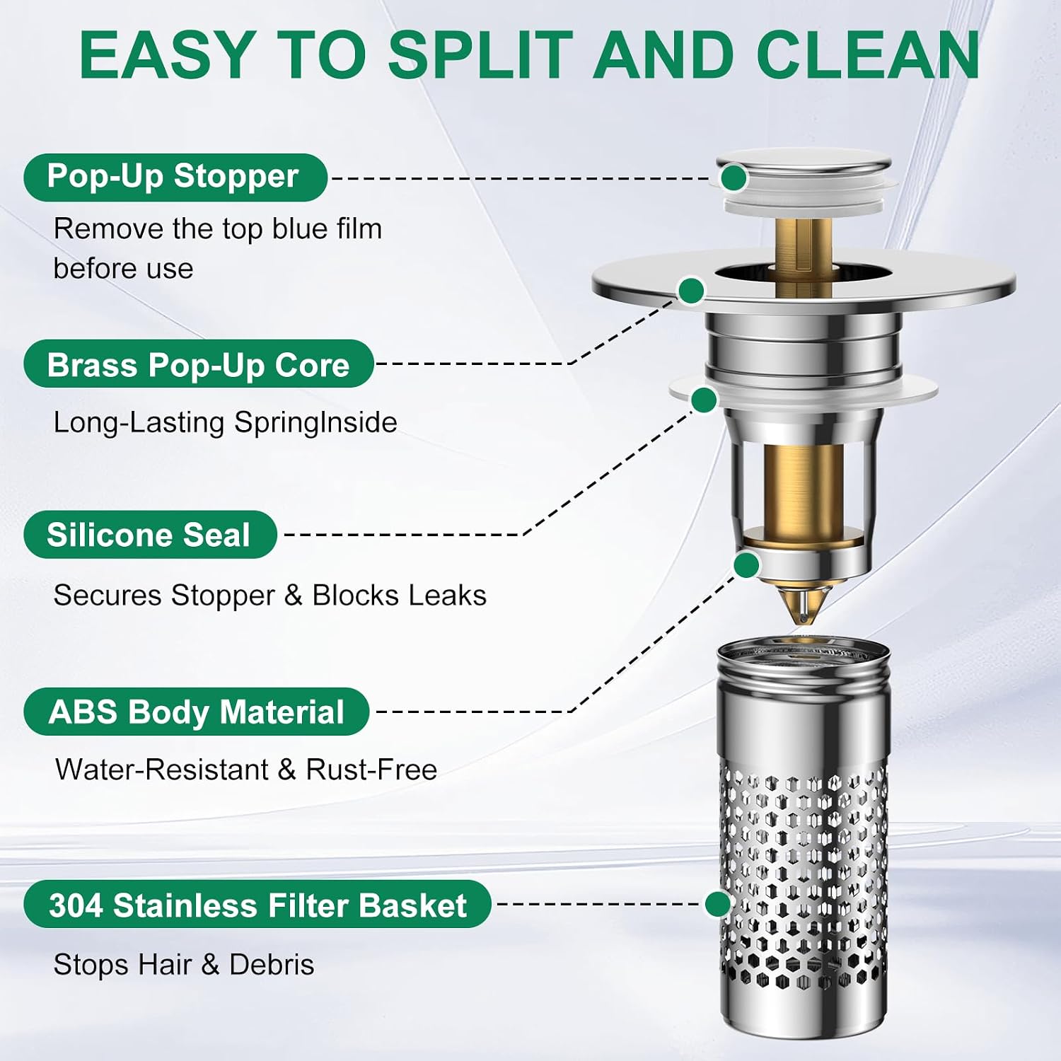 Bathroom Sink Drain Strainer,Universal Pop-Up Sink Stopper Hair Catcher, Anti-Clog Stainless Steel Drain Filter Basket, Removable Sink Drain for Bathroom Sink Stopper - Image 6