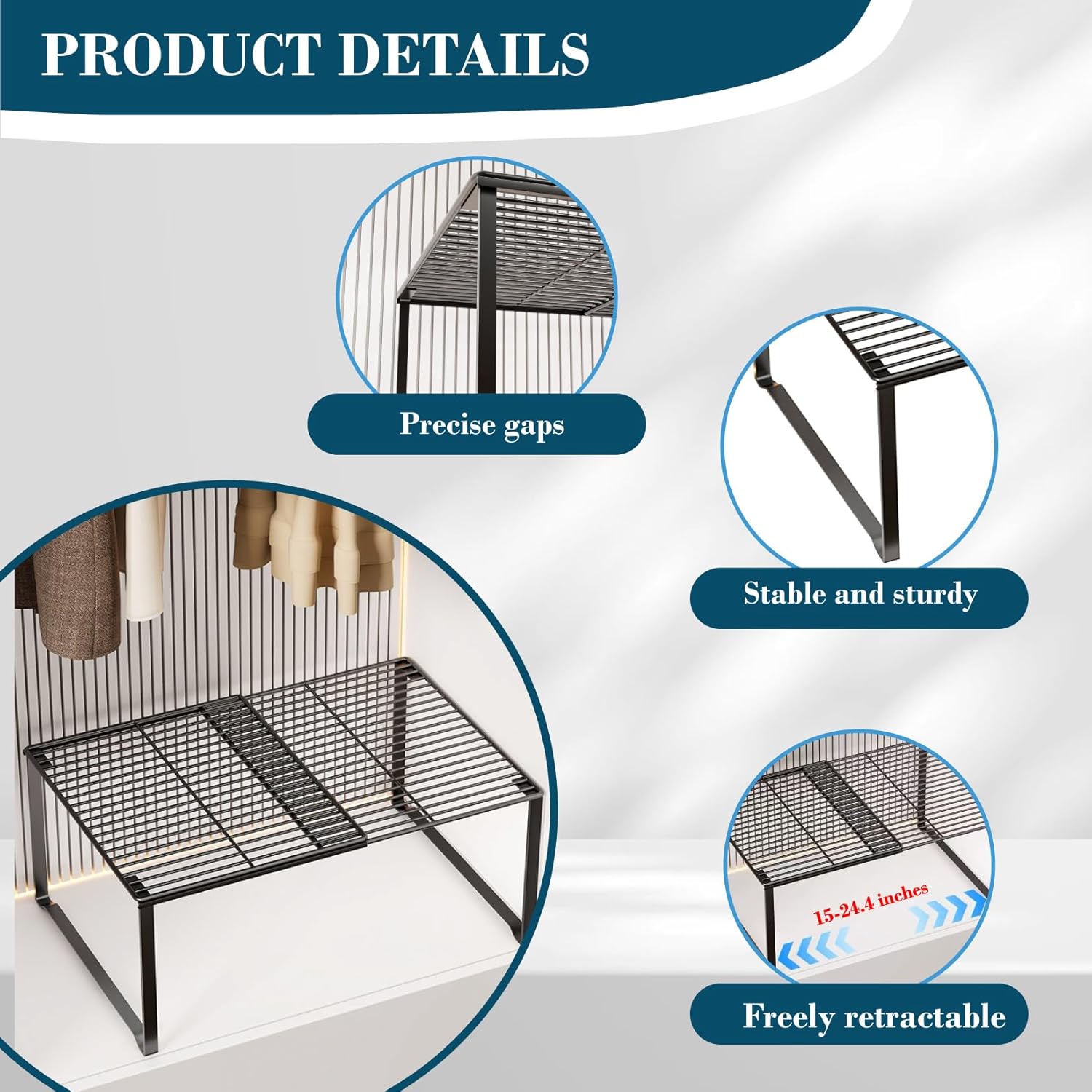 Extendable Metal Wire Shelf Organizer - Adjustable 15-24.4in Length, Stackable Storage Rack for Kitchen/Pantry/Bathroom/Shoe Cabinet/Tool Closet (2,Black) - Image 3