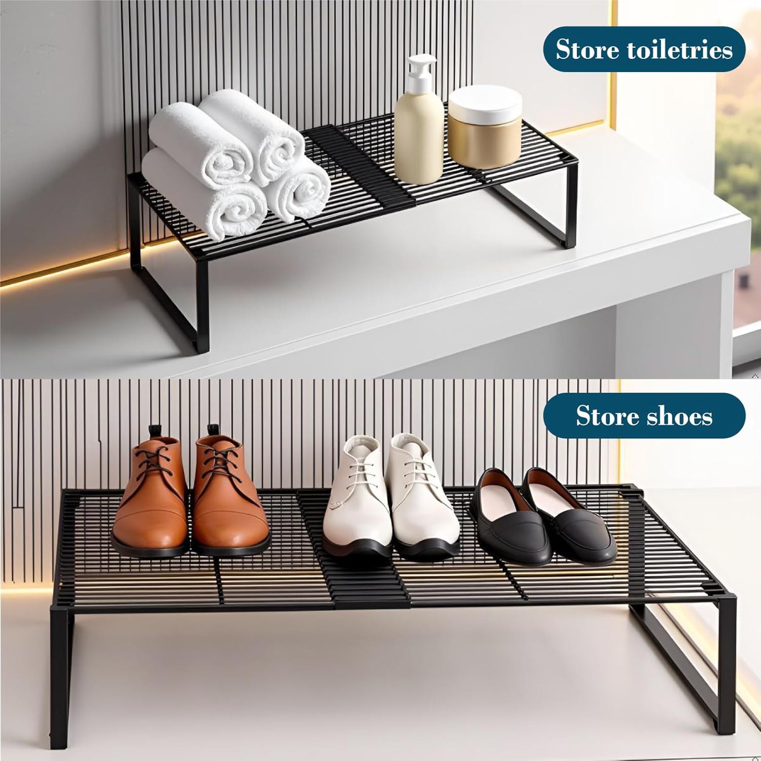 Extendable Metal Wire Shelf Organizer - Adjustable 15-24.4in Length, Stackable Storage Rack for Kitchen/Pantry/Bathroom/Shoe Cabinet/Tool Closet (2,Black) - Image 6