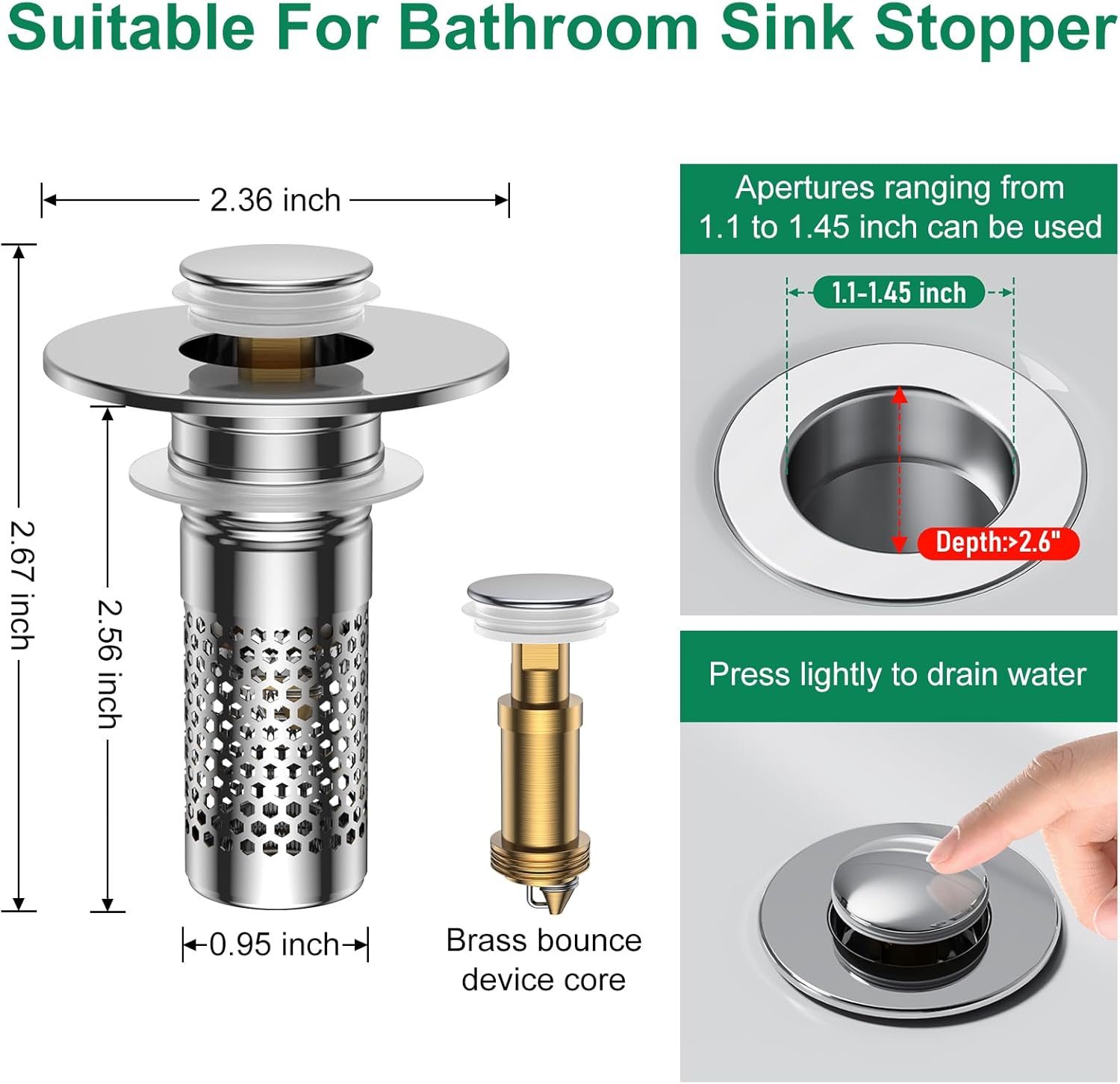Bathroom Sink Drain Strainer,Universal Pop-Up Sink Stopper Hair Catcher, Stainless Steel Anti-Clog Drain Filter Basket, Removable Sink Drain for Bathroom Sink Stopper Replacement (Silver-4pcs) - Image 2