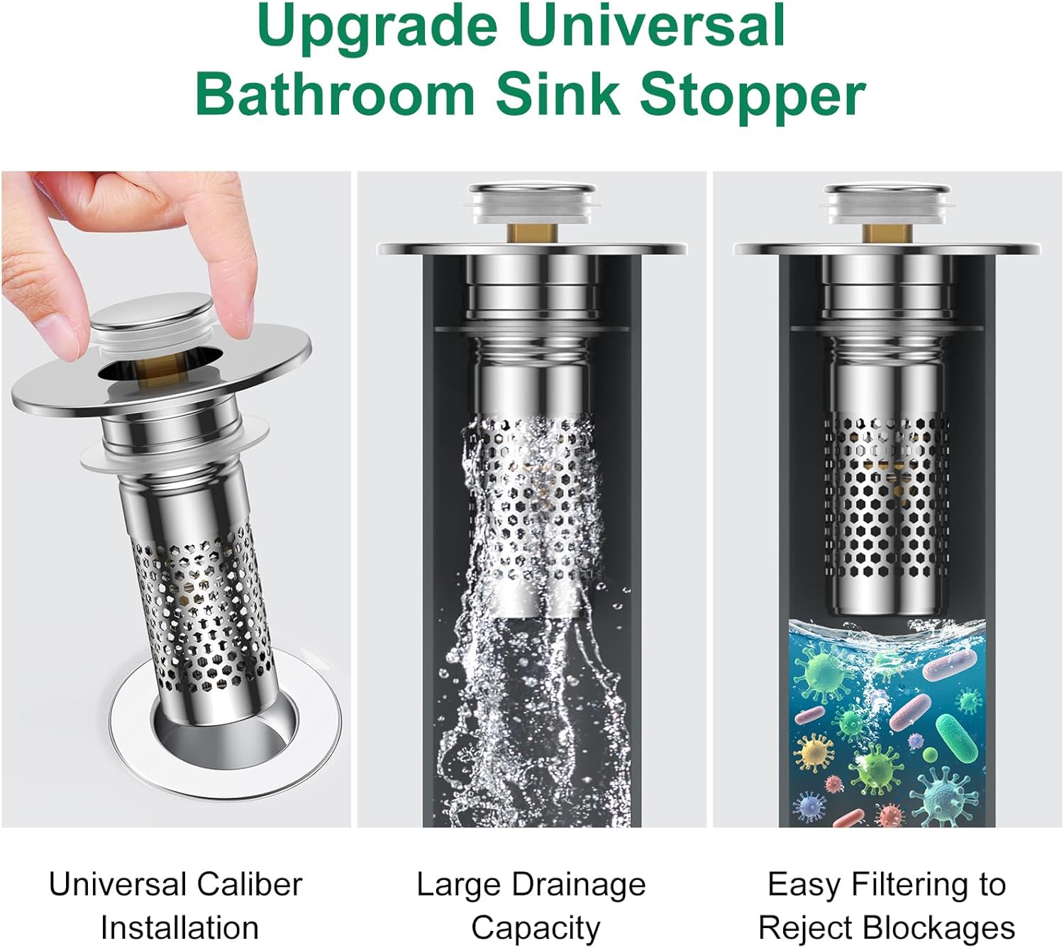 Bathroom Sink Drain Strainer,Universal Pop-Up Sink Stopper Hair Catcher, Stainless Steel Anti-Clog Drain Filter Basket, Removable Sink Drain for Bathroom Sink Stopper Replacement (Silver-4pcs) - Image 3