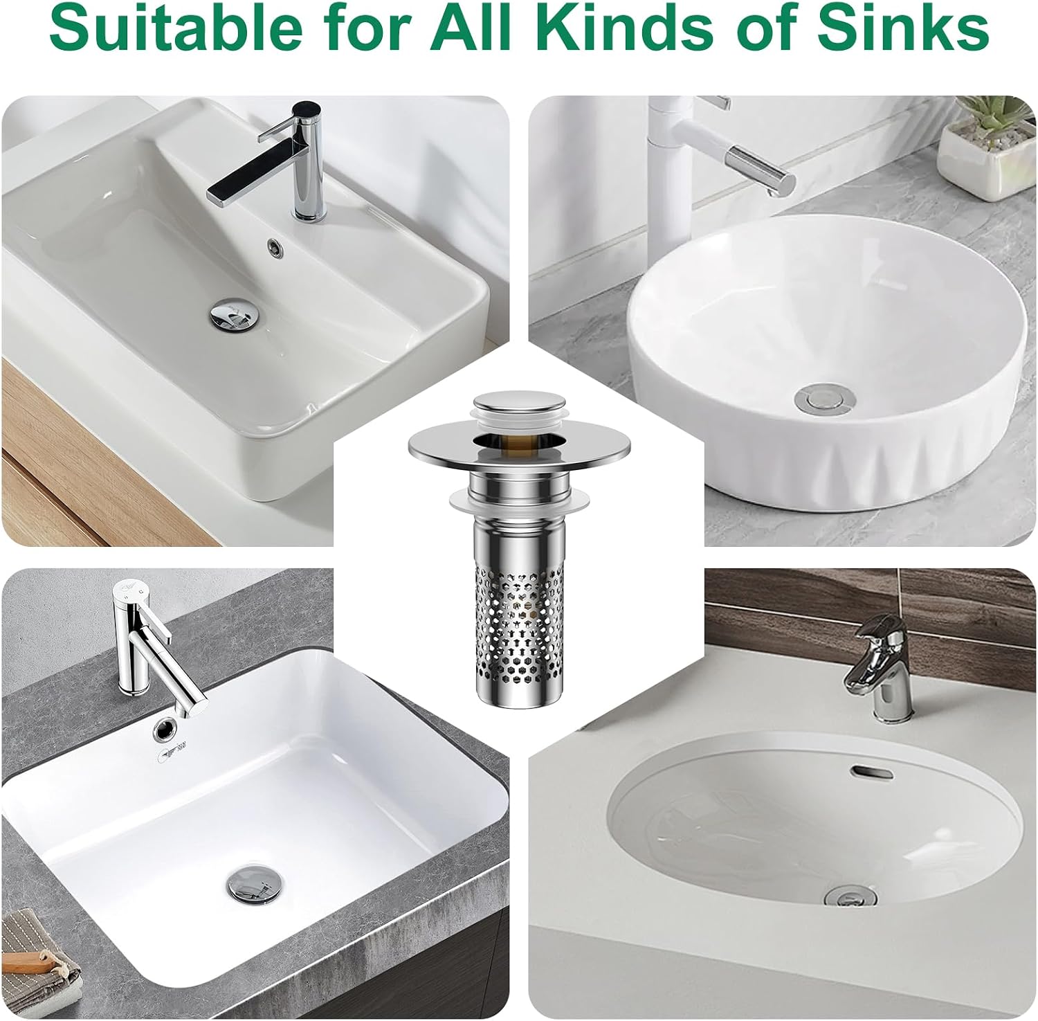 Bathroom Sink Drain Strainer,Universal Pop-Up Sink Stopper Hair Catcher, Stainless Steel Anti-Clog Drain Filter Basket, Removable Sink Drain for Bathroom Sink Stopper Replacement (Silver-4pcs) - Image 8