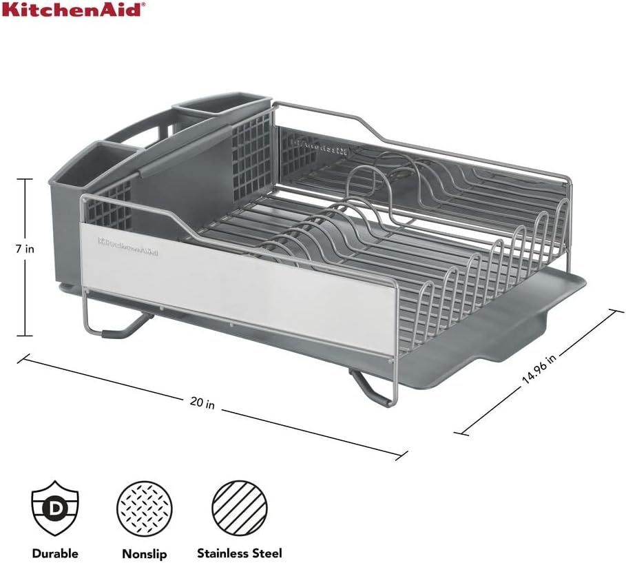 KitchenAid Large Capacity Full Size Rust Resistant Dish Rack with Angled Drain Board and Removable Flatware Caddy, Light Grey - Image 2