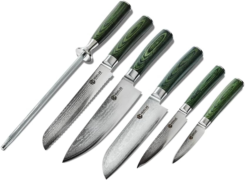 HexClad Green 6 Piece Japanese Damascus Stainless Steel Blade Essential Knife Set, Full Tang Construction, Pakkawood Handle