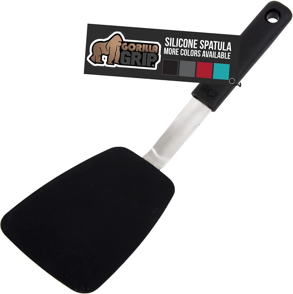GORILLA GRIP BPA-Free Silicone Spatula for Non Stick Frying Pan, Heat Resistant Flexible Head, Patented Soft Comfortable Handle, Non-Scratch Kitchen Turner, Flip Burgers, Pancakes, 11.6 in, Black