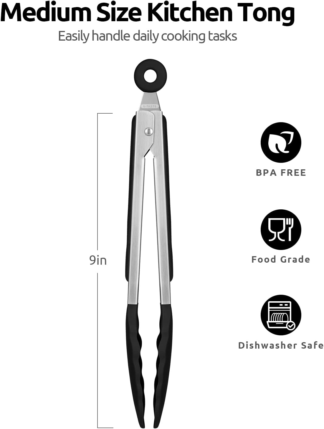 600ºF Heat Resistant Kitchen Tongs: U-Taste 9 inch Silicone Cooking Tong with Firm Sealed Non Stick Rubber Tips & Silicon Coated 18/8 Stainless Steel Handle & Smooth Locking for Serving Salad (Black) - Image 2