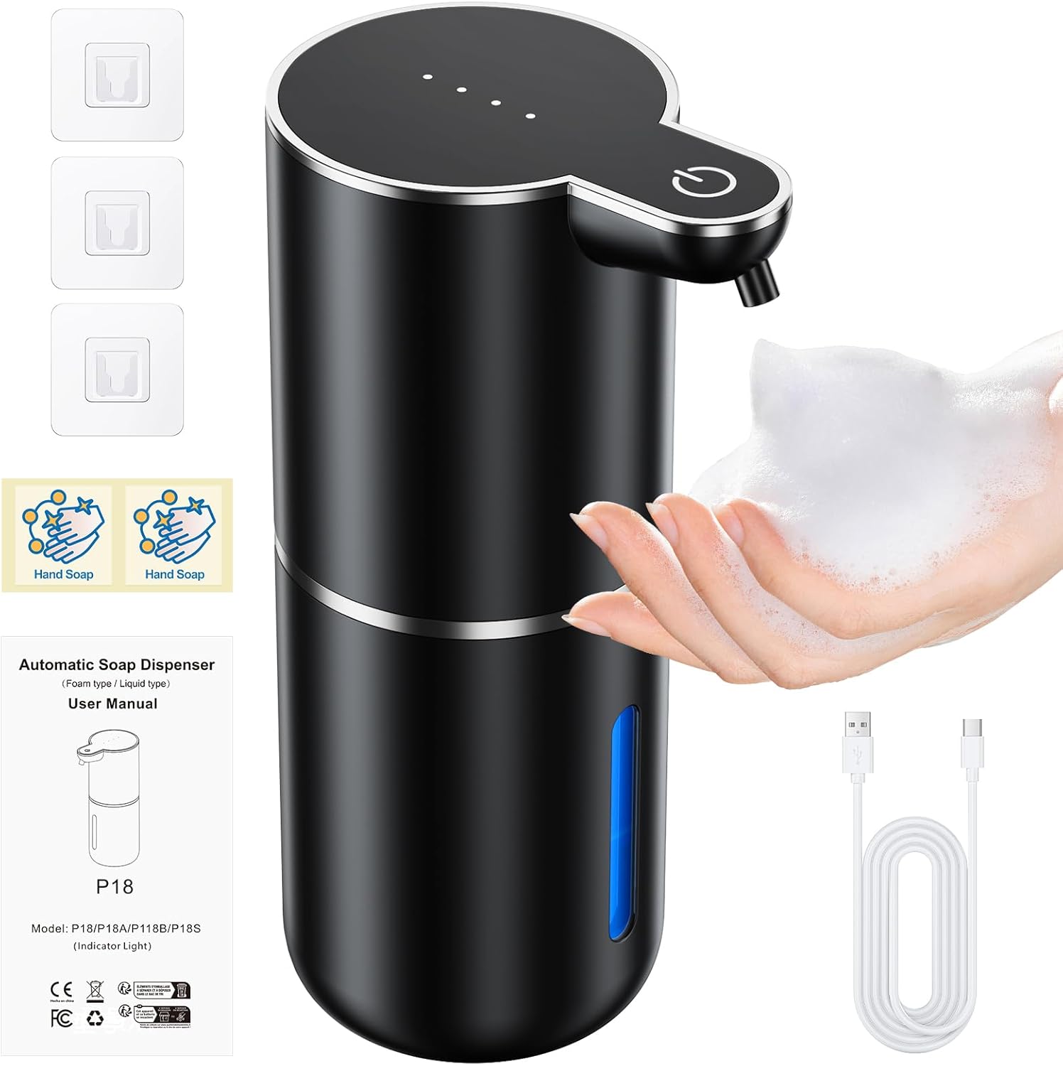 Fantictas Automatic Soap Dispenser Touchless Automatic Foam Soap Dispenser 380ML 4 Adjustable Levels 1200mAh Soap Dispensing Wall Mount for Kitchen and Bathroom,Black - Image 2