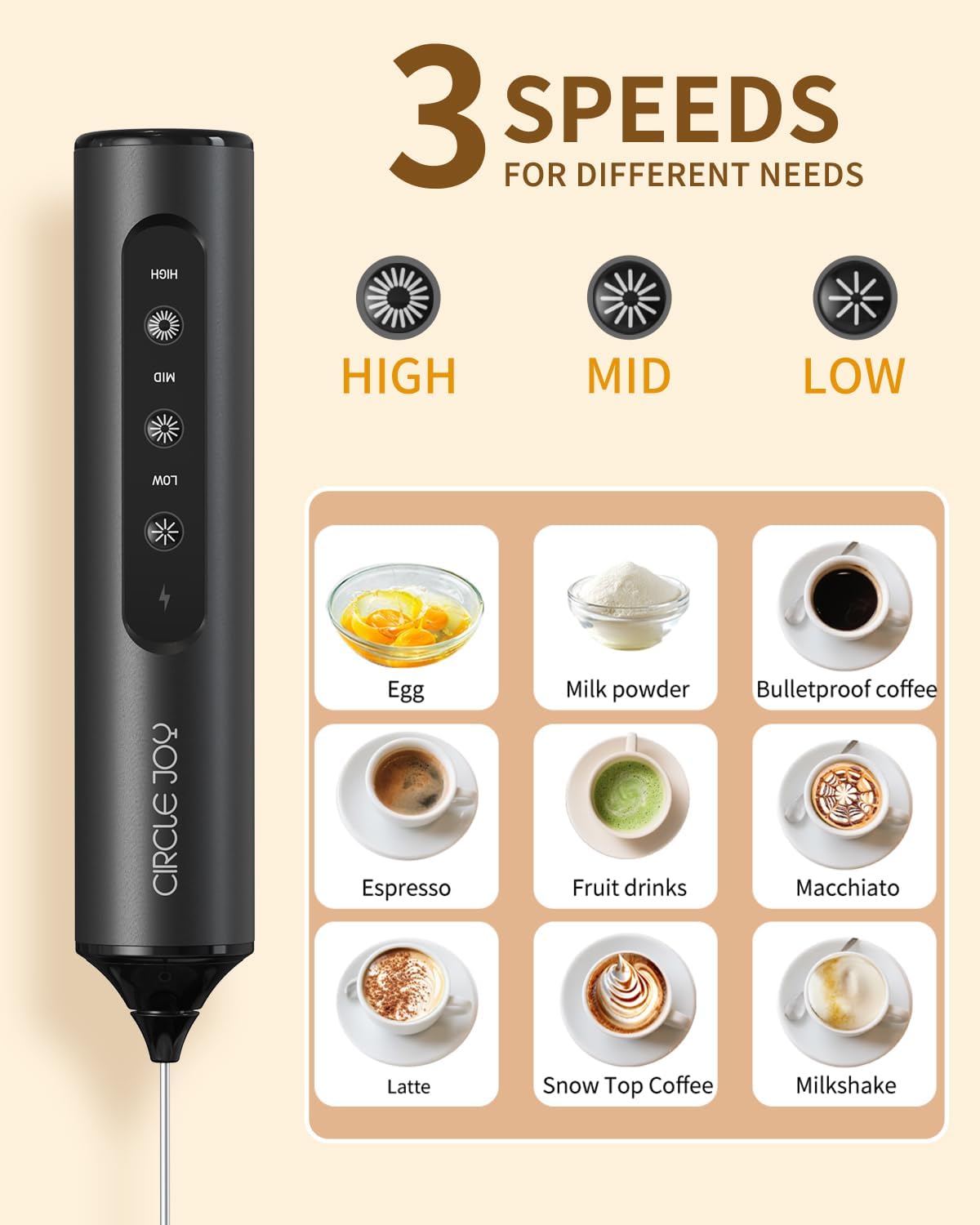 CIRCLE JOY Rechargeable Handheld Milk Frother Wand with 3 Variable Speeds, 3 Whisks and Storage Box, Electric Drink Mixer for Latte, Cappuccino, Hot Chocolate, Eggs and Protein Powder, Black - Image 2