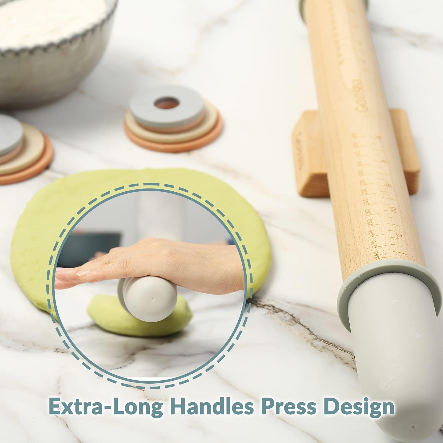Geesta Adjustable Wood Rolling Pin with 5 Thickness Rings, Precise Dough Roller Handle Press Design with Measurement Guide for Fondant, Pizza, Pie Crust, Cookie, Pastry Baking Decorating Accessories - Image 5
