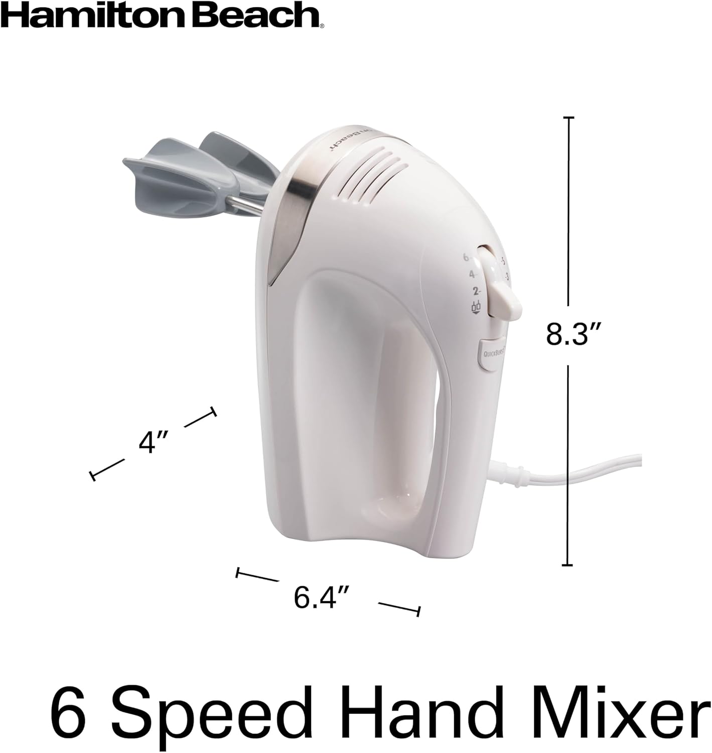 Hamilton Beach 6-Speed Electric Hand Mixer with Whisk, Dough Hooks and Easy Clean Beaters, Powerful 275 Watt Motor, Snap-On Storage Case, White - Image 8