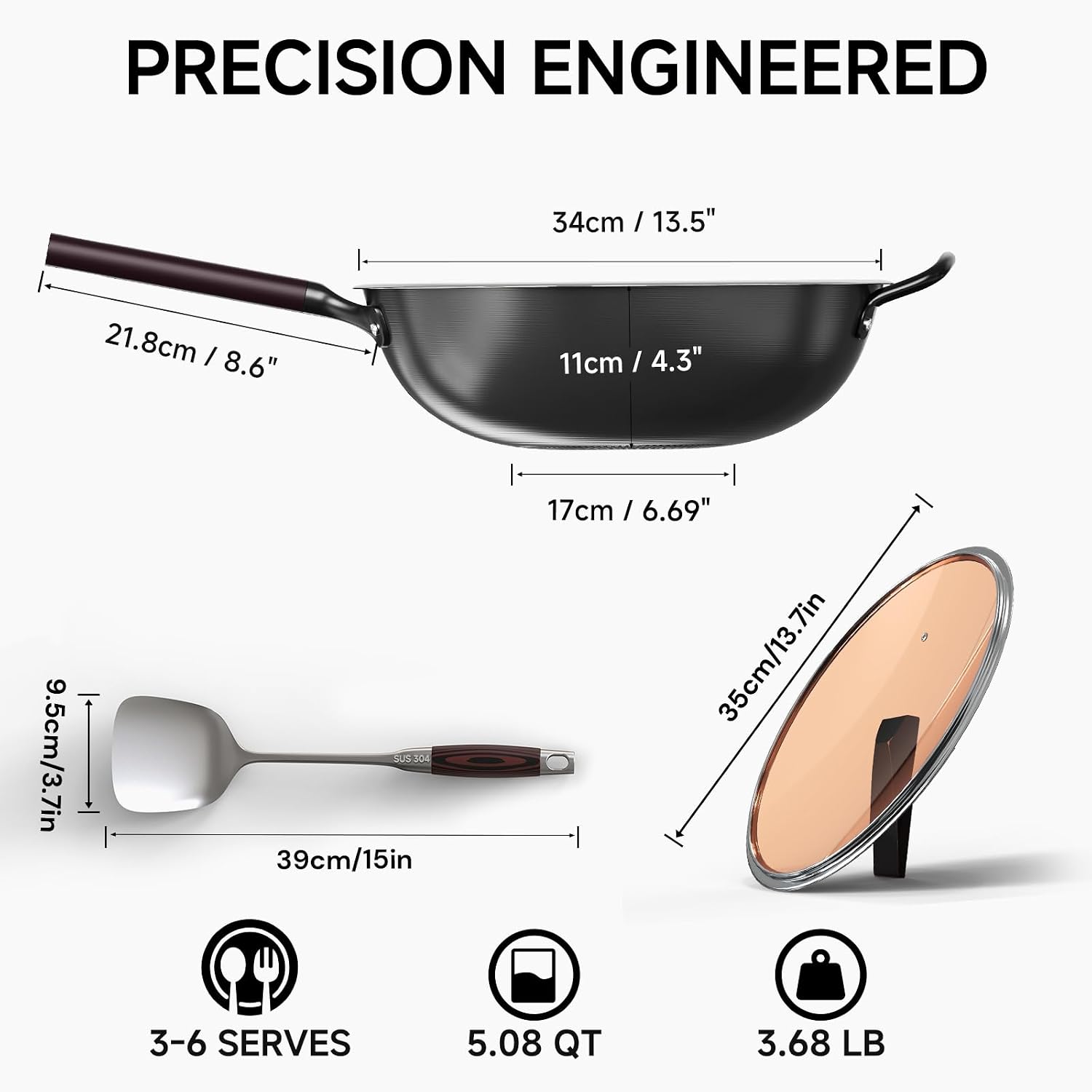 13.5" Carbon Steel Wok Pan - Pre-Seasoned Flat Bottom Woks & Stir-fry Pans Chinese Cookware with Lid & Spatula - For Pan-fry,Stir Fry, Steam, BBQ & Camping - Compatible with Induction, Gas - Image 5