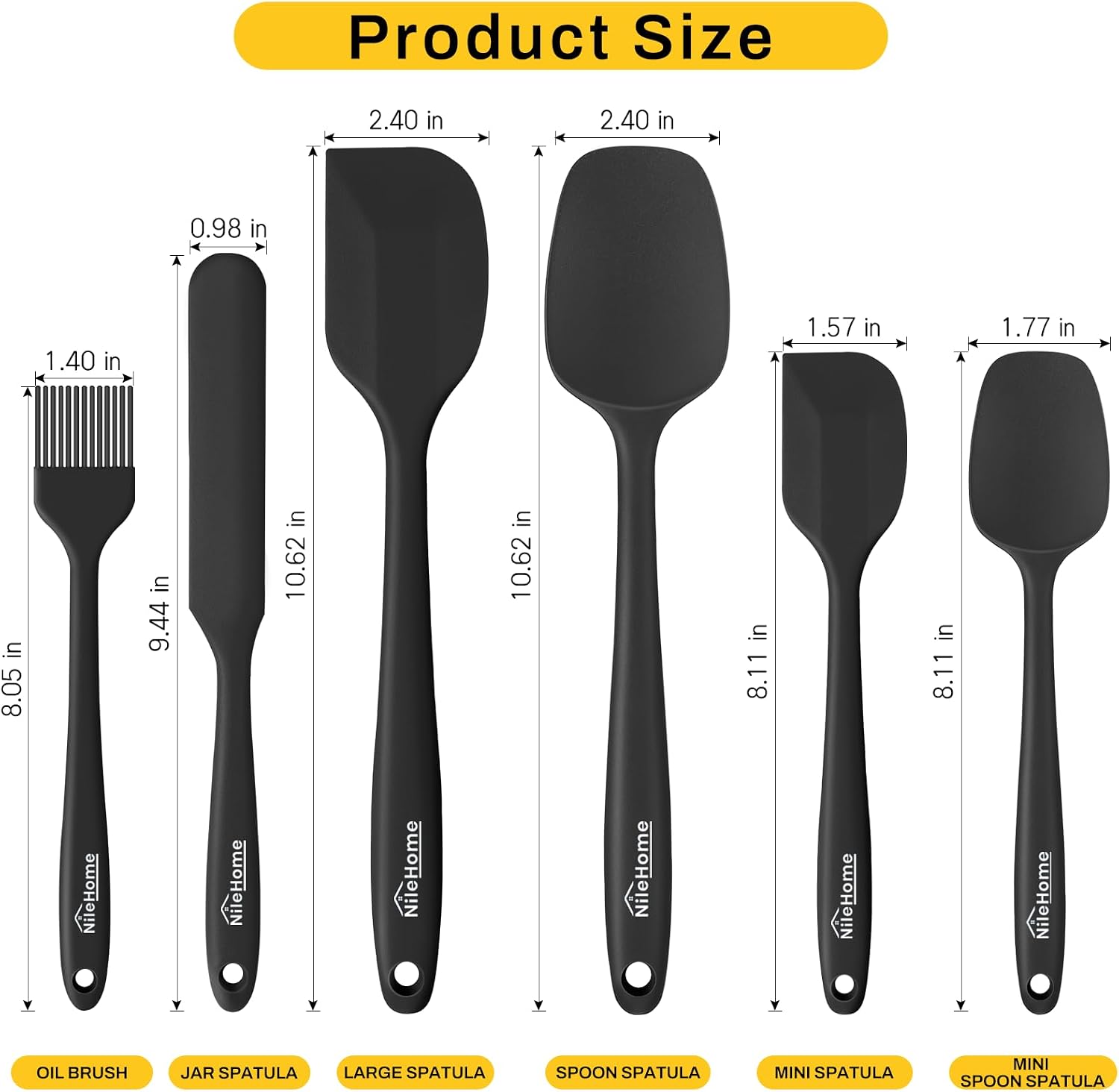 NileHome Silicone Spatula Set, 6 Pieces Food Grade Kitchen Utensils with Silicone Brush Heat Resistant Up to 600°F Dishwasher Safe BPA-Free Rubber Spatula for Scraping, Baking, Cooking, Mixing-Black - Image 2