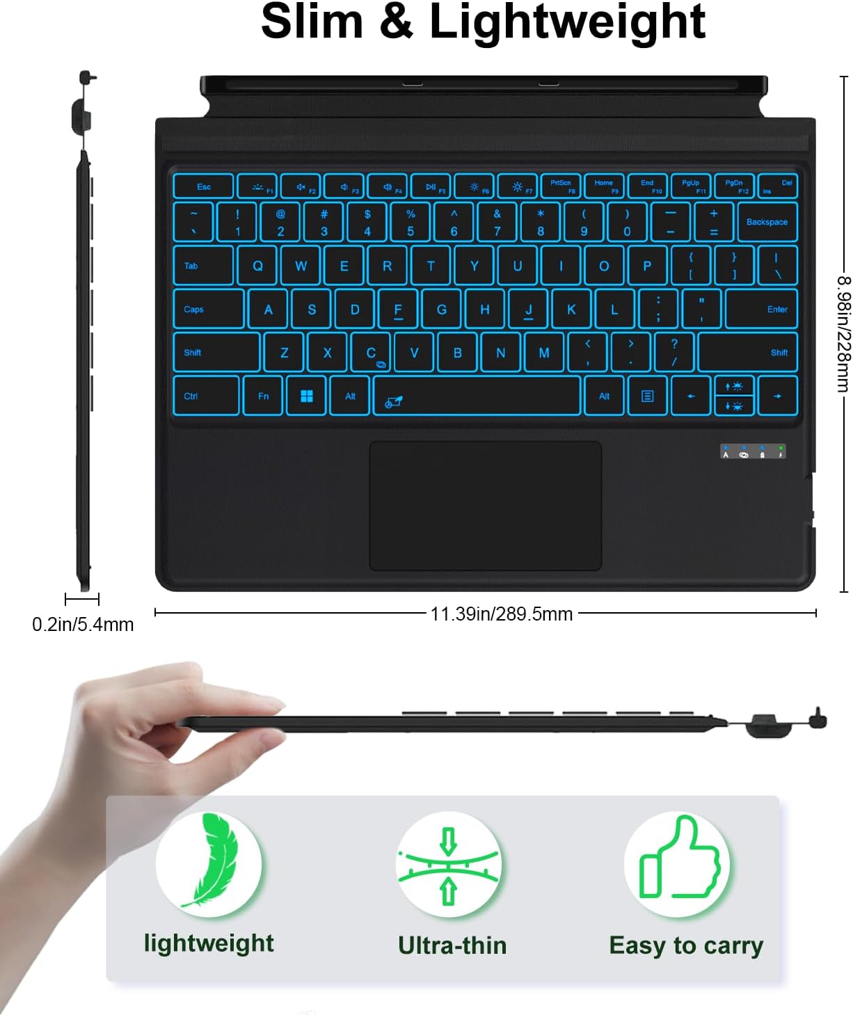 Surface Pro Keyboard for Pro 3/4/5/6/7/7 Plus (12.3 inch), Wireless Bluetooth Surface Keyboard with 12 Gesture Touchpad, 7 Colors Backlit, Smart Sleep/Wake, Rechargeable Battery& USB-C Charging - Image 8