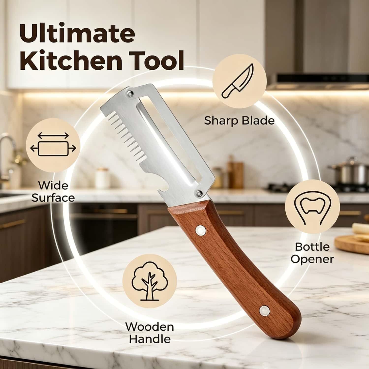 Premium Vegetable Peeler with Wooden Handle and Bottle Opener, Multi-Functional Vegetable Peeler for Fruit Pumpkin Peeling Potato and other vegetables or fruits (1pcs) - Image 2