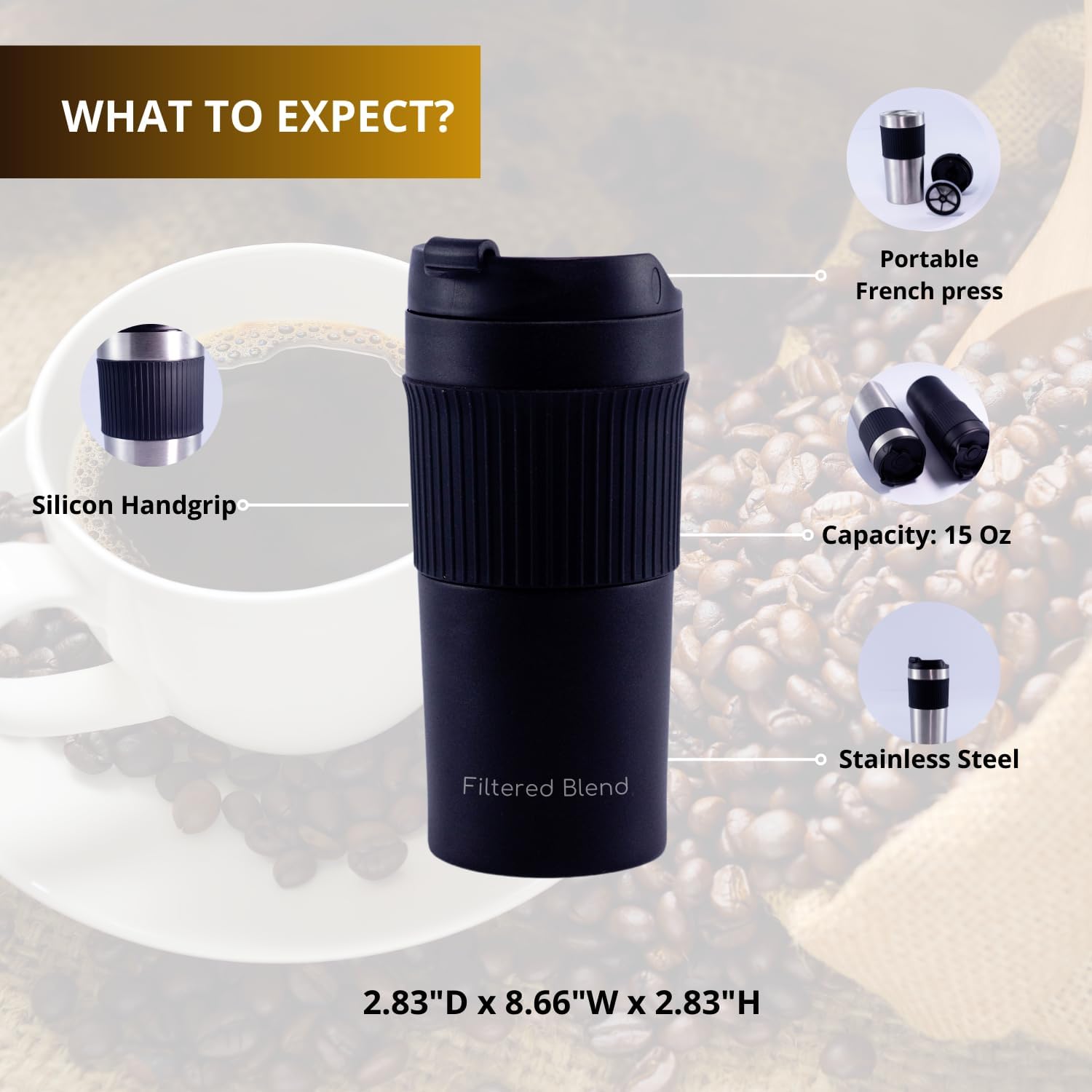 15oz Double Wall Stainless Steel Insulated French Press Coffee and Tea Maker - Portable Camping Mug and Tumbler - Heat Retaining, Leak-Proof, Travel-Friendly for Office and Outdoor Adventures (Black) - Image 4