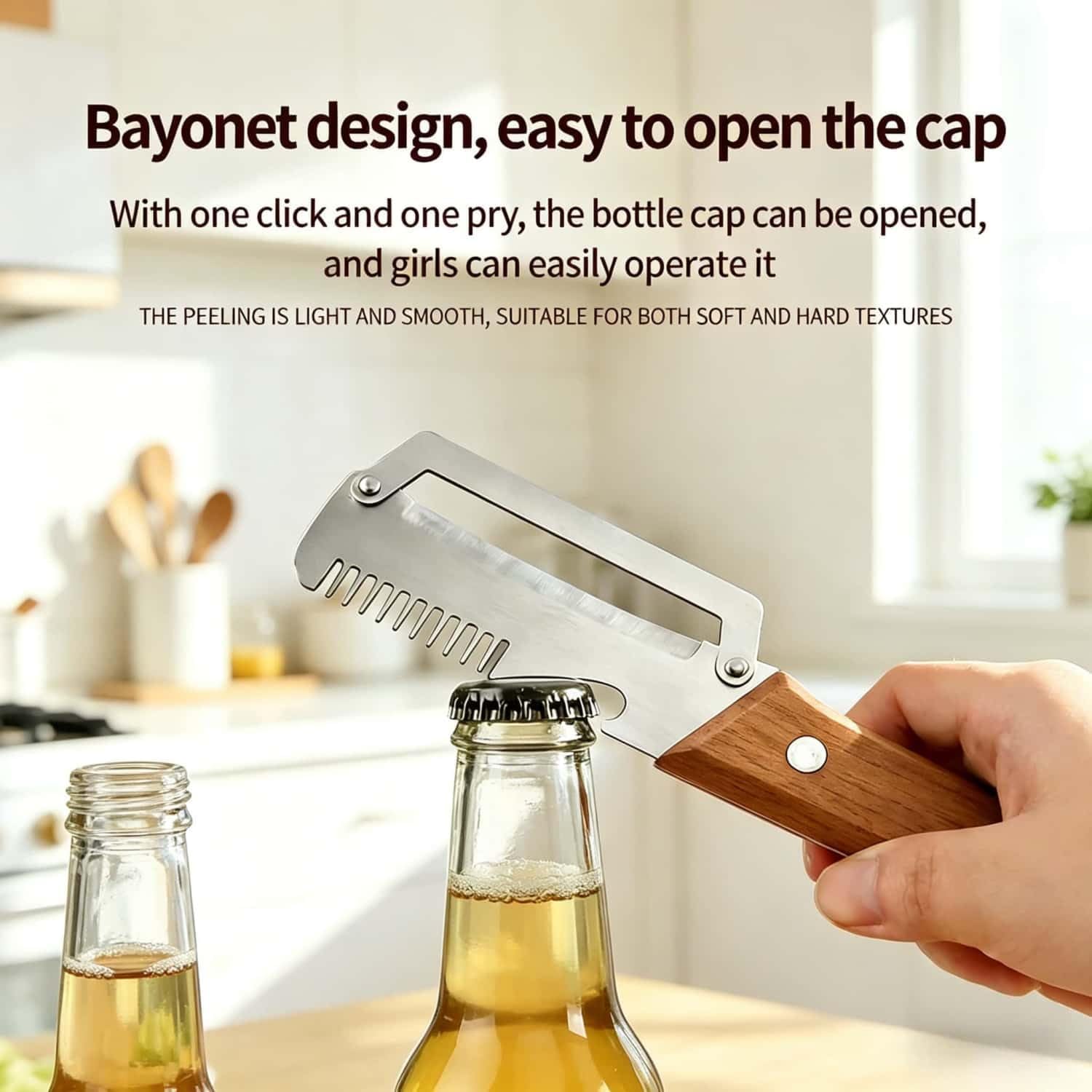 Premium Vegetable Peeler with Wooden Handle and Bottle Opener, Multi-Functional Vegetable Peeler for Fruit Pumpkin Peeling Potato and other vegetables or fruits (1pcs) - Image 4