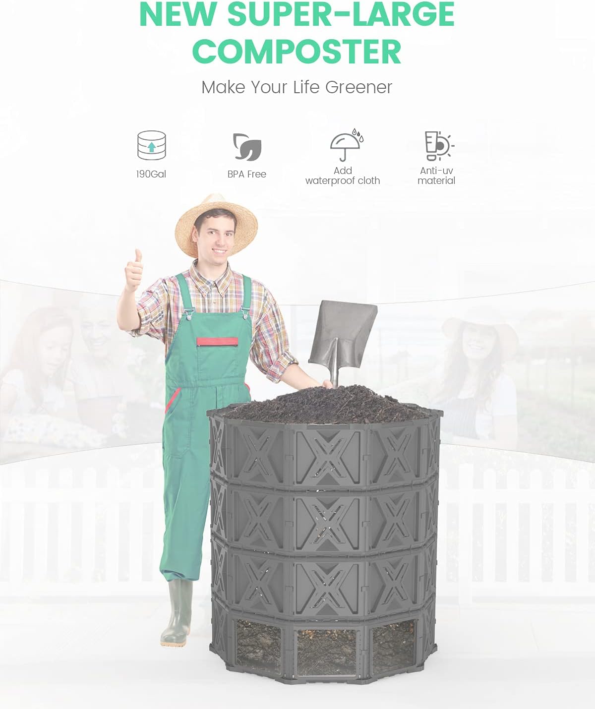 190 Gallon Large Outdoor Compost Bin, 720L Garden Composter with Aeration Vents, BPA-Free PP Panels, Modular Structure with Bottom Access Door and Lid - Image 2