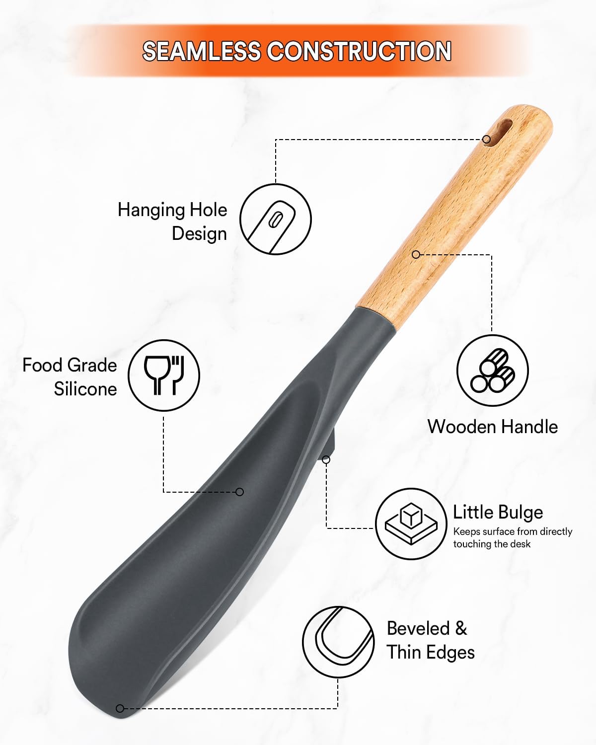 Cooking Spoon for Nonstick Cookwares, Great for Cooking and Serving Sturdy BPA-Free Matte Silicone, Wood Handle Spoon for Mixing, Scoop, and Scrape (Black & Grey, 11.4 inch) - Image 4