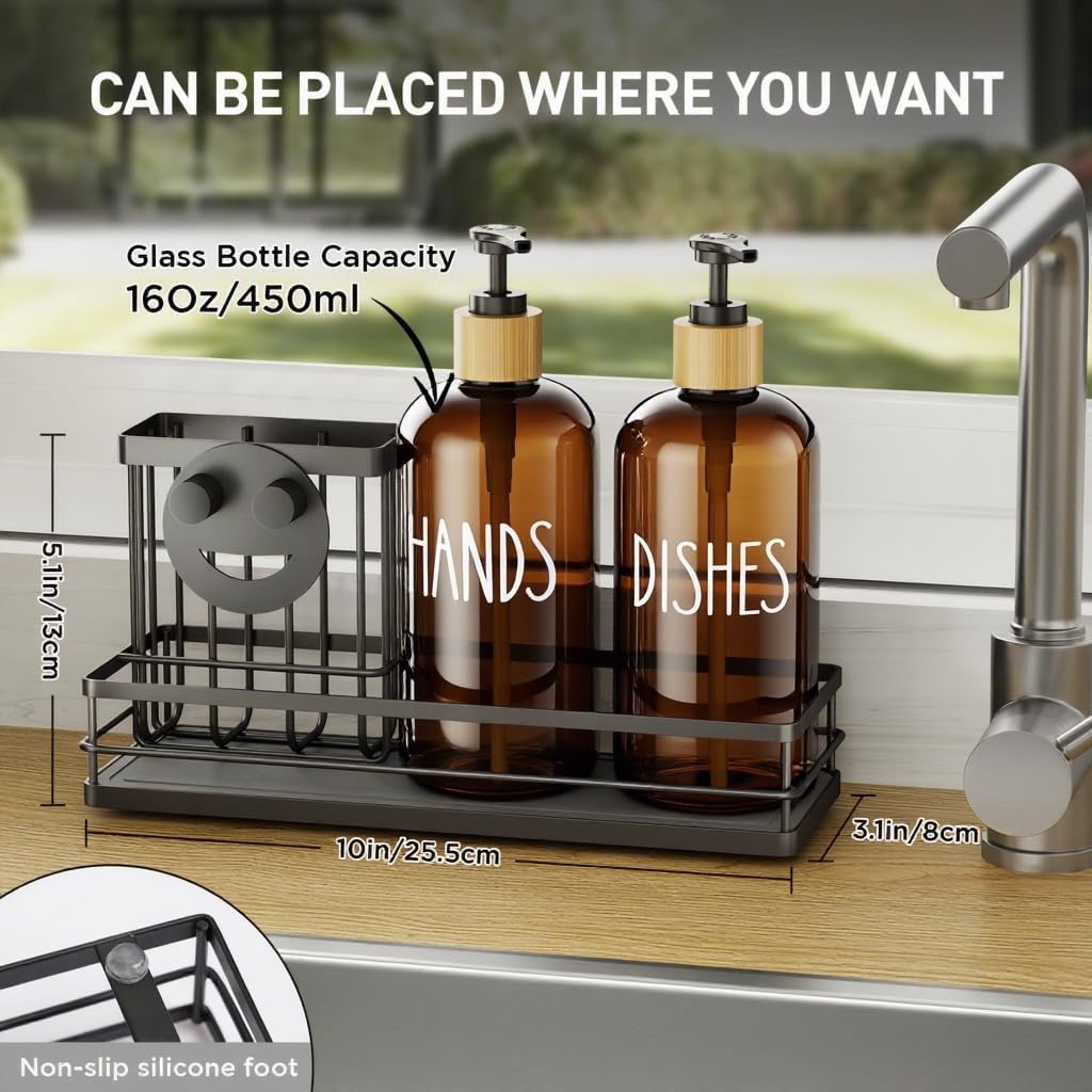 Moforoco Kitchen Dish Soap Dispenser Set, 16OZ Glass Bottle, Hand and Dish Soap Dispenser Set, Instant Dry Tray, Brush Holder with Smiley Face Sponge Holder (Black Tray+Amber Bottle) - Image 3