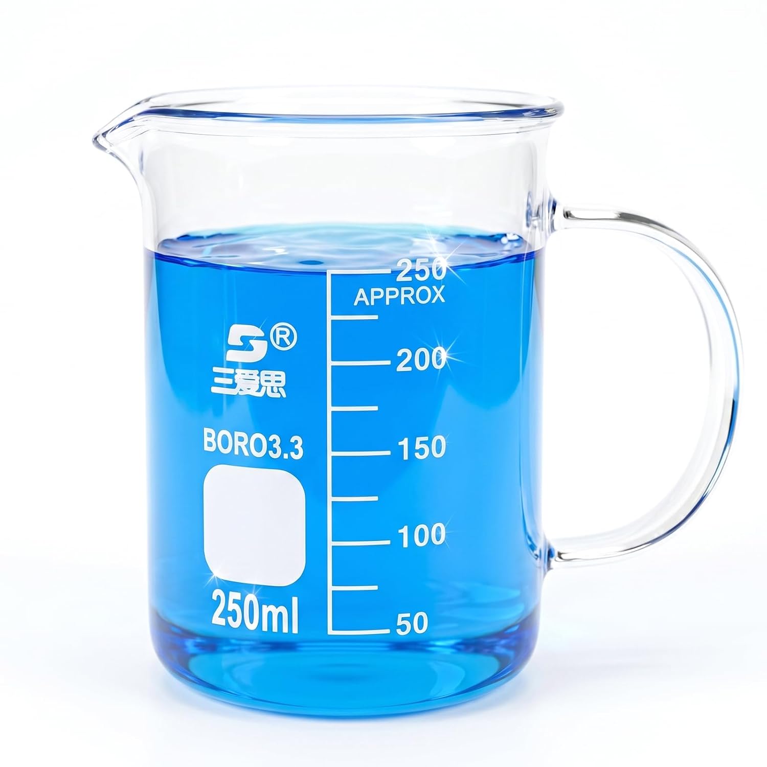 TISMART Glass Beaker with Handle 1PCS 250ml/8.45 oz BORO 3.3 Corrosion-resistant, anti-oxidation,Heat for Lab, Teaching, Craft, Cooking,DIY,Liquid,Science
