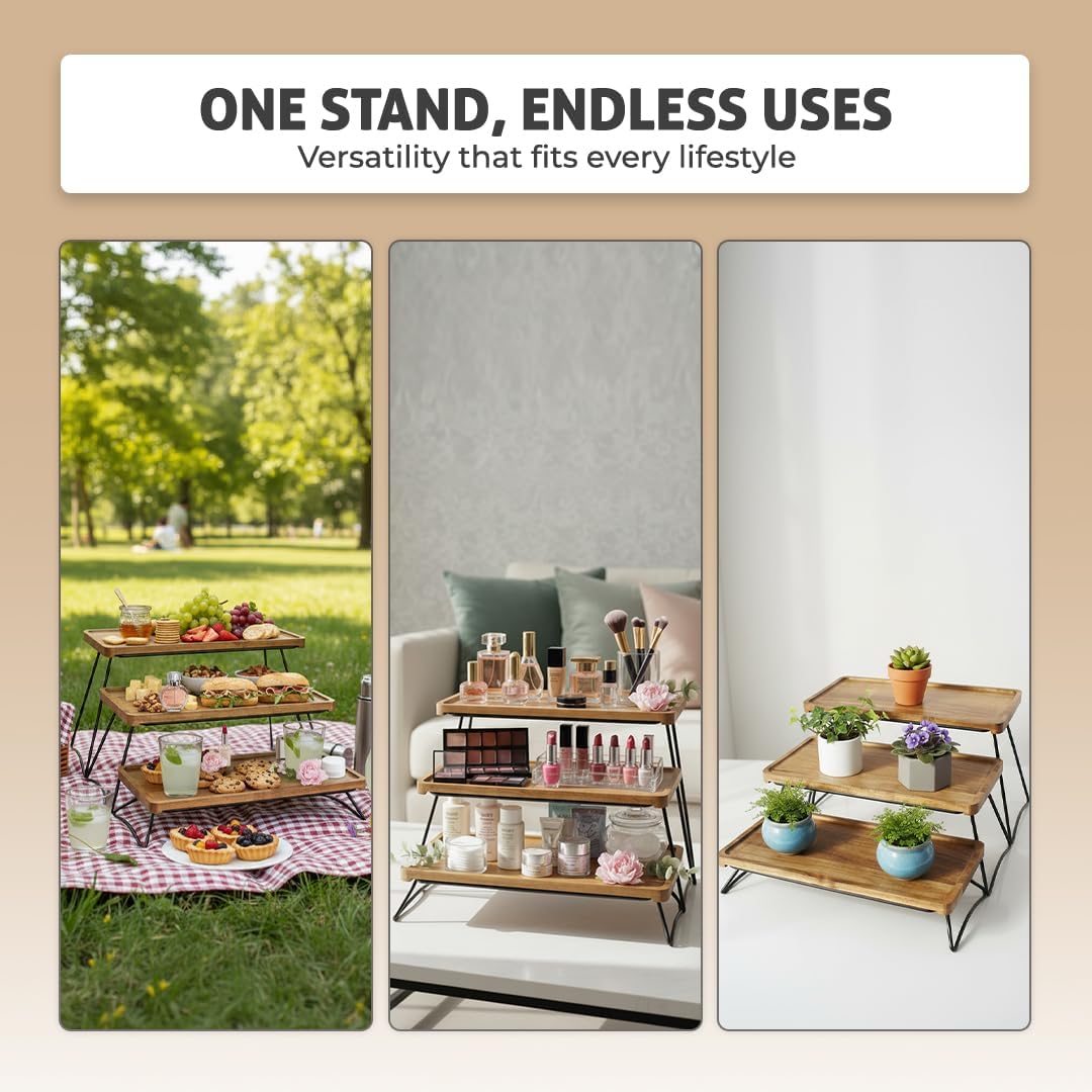 Oaklyn Rust Proof 3 Tier Wooden Cupcake Stand of Acacia Wood | Eco Friendly Tiered Tray Stand with Wooden Serving Trays & Platters for Party, Decor & Birthdays | 3 Tier Serving Tray Dessert Stands - Image 6