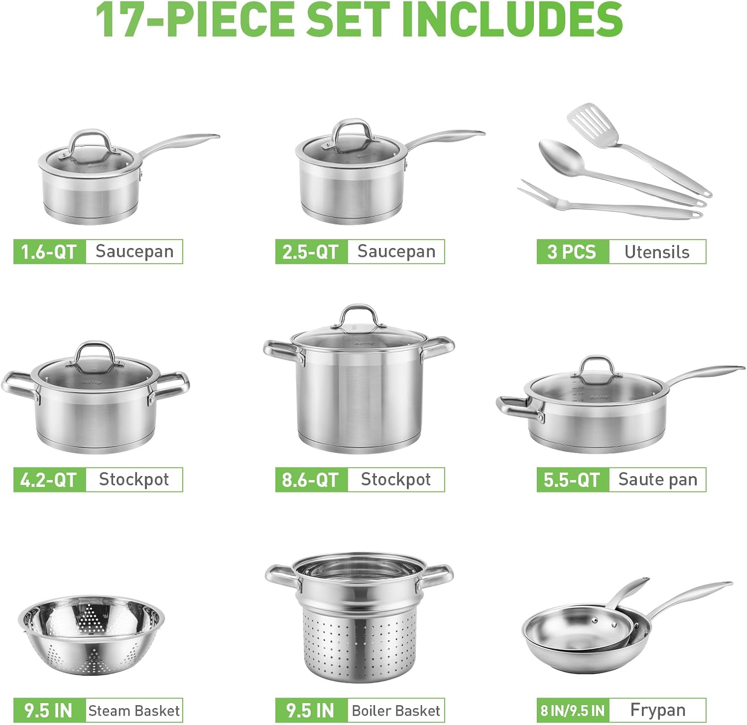 Duxtop Professional Stainless Steel Pots and Pans Set, 17PC Induction Cookware Set, Impact-bonded Technology - Image 3