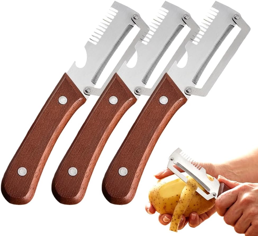 Premium Vegetable Peeler with Wooden Handle and Bottle Opener, Multi-Functional Vegetable Peeler for Kitchen, Kitchen Gadgets Tool for Fruit Pumpkin Peeling Potato Carrot Veggie Peeler (3)