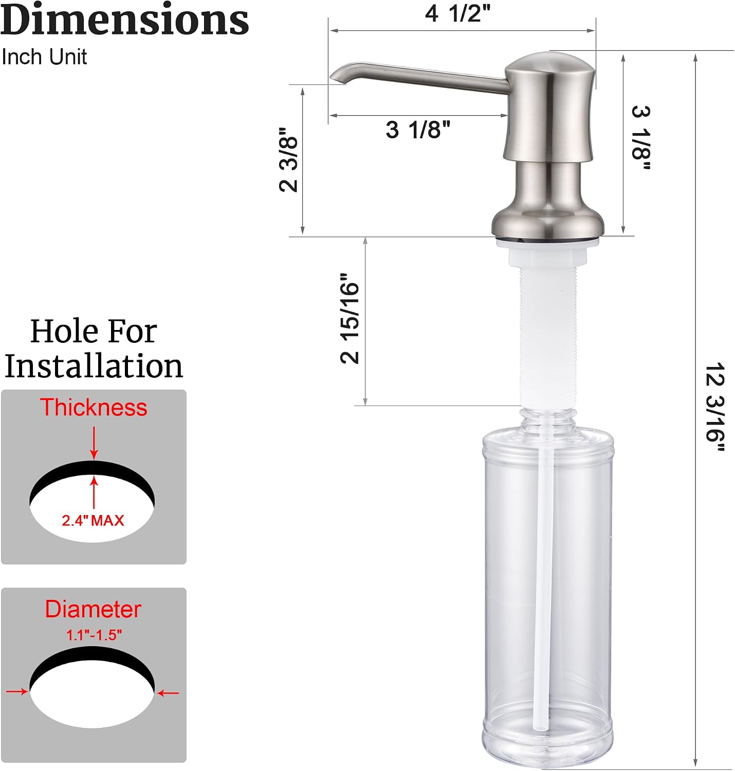Soap Dispenser for Kitchen Sink Brushed Nickel, Built-in and Refill-from-Top Design with Liquid Hand & Dish Soap Bottle - Image 6