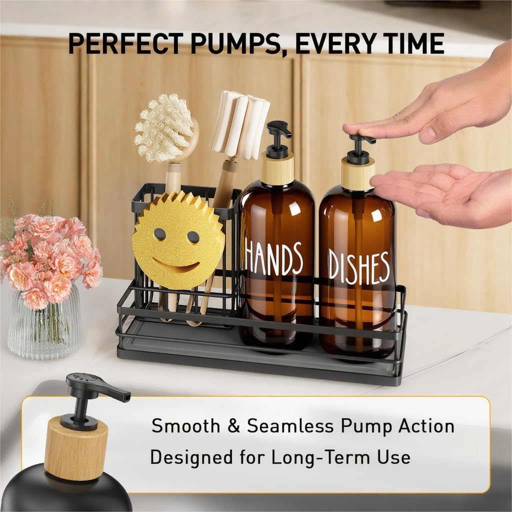 Moforoco Kitchen Dish Soap Dispenser Set, 16OZ Glass Bottle, Hand and Dish Soap Dispenser Set, Instant Dry Tray, Brush Holder with Smiley Face Sponge Holder (Black Tray+Amber Bottle) - Image 5