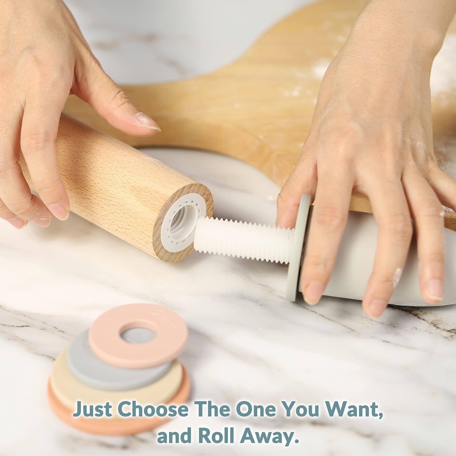 Geesta Adjustable Wood Rolling Pin with 5 Thickness Rings, Precise Dough Roller Handle Press Design with Measurement Guide for Fondant, Pizza, Pie Crust, Cookie, Pastry Baking Decorating Accessories - Image 4