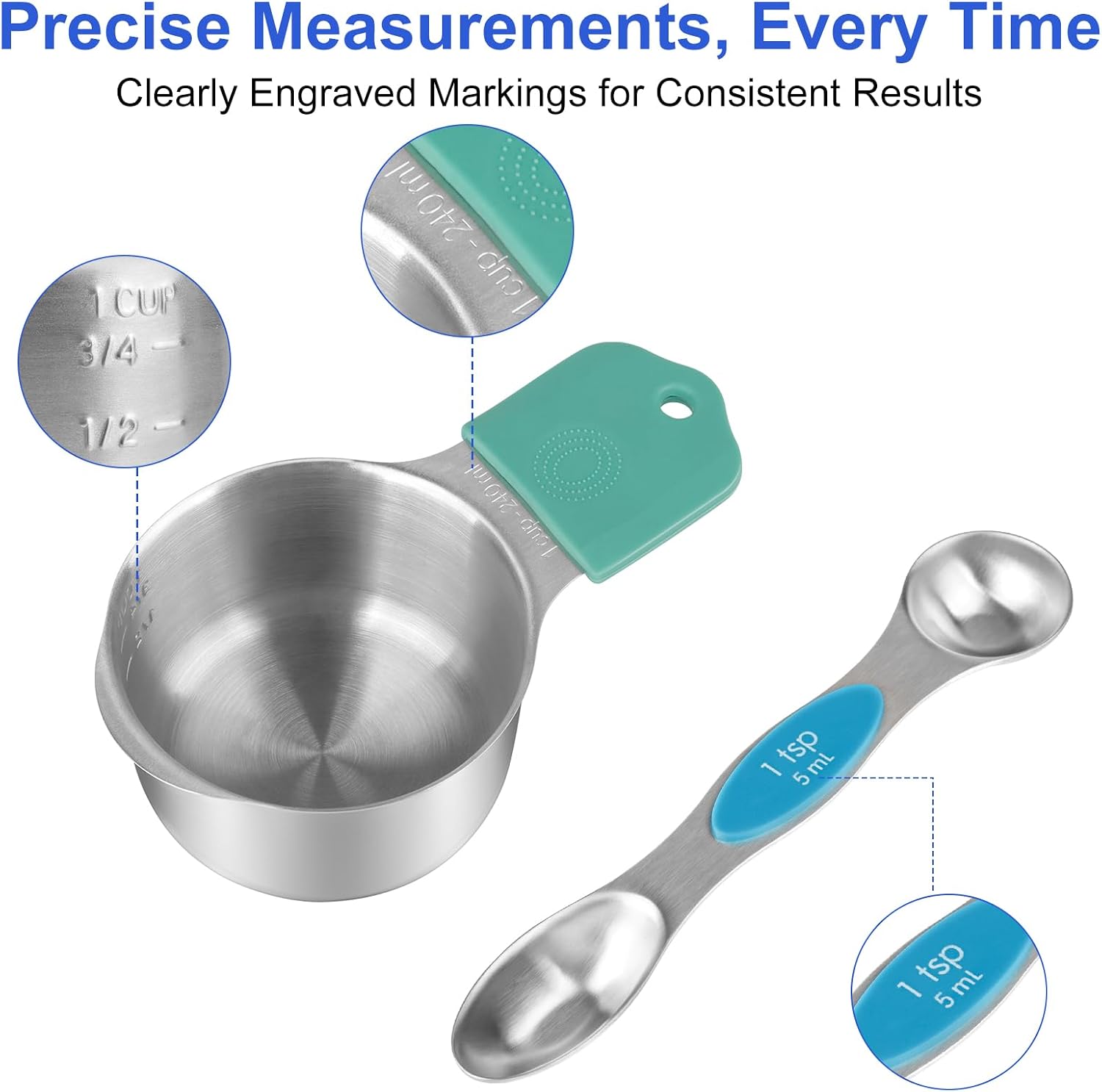 Magnetic Measuring Cups & Spoons Set, Strong N45 Magnets, Heavy Duty 304 Stainless Steel Fits in Spice Jars for Baking & Cooking, BPA Free, Round Set of 15 with Leveler, Light Colorful - Image 3