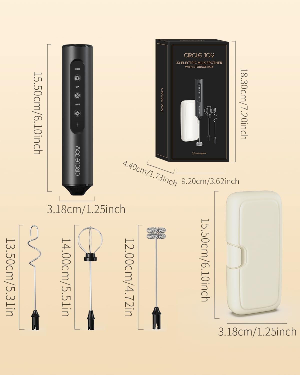 CIRCLE JOY Rechargeable Handheld Milk Frother Wand with 3 Variable Speeds, 3 Whisks and Storage Box, Electric Drink Mixer for Latte, Cappuccino, Hot Chocolate, Eggs and Protein Powder, Black - Image 7