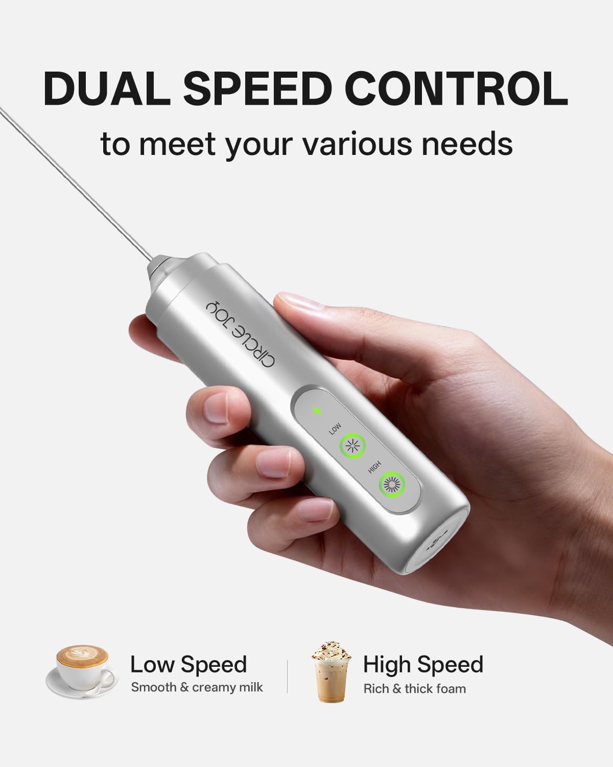 CIRCLE JOY Rechargeable 2-Speed Handheld Milk Frother with Stand, Dual Spring Whisk Electric Foamer, Portable & Detachable Coffee Frother Wand, Drink Mixer for Lattes, Macchiato, Hot Chocolate, Silver - Image 4