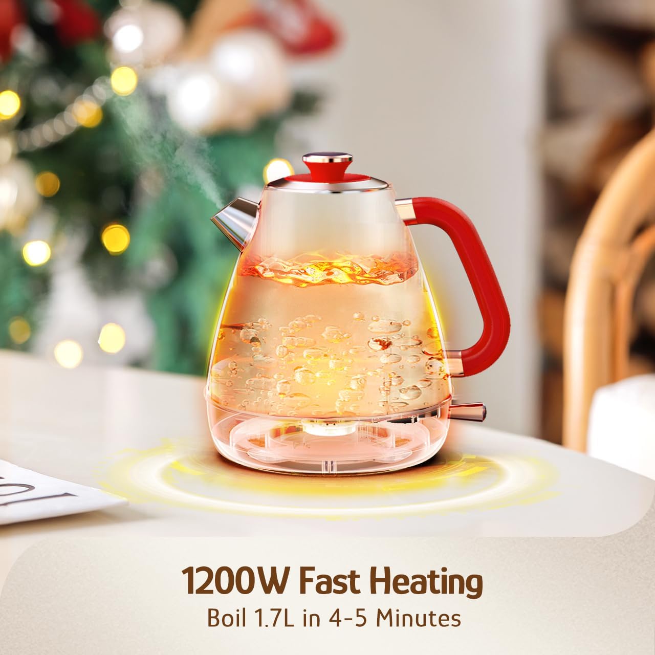 Hazel Quinn Retro Electric Kettle - 1.7 Liters / 57.5 Ounces Tea Kettle with Thermometer, All Stainless Steel, Fast Boiling 1200 W, BPA-free, Cordless, Rotational Base, Automatic Shut Off - Ruby Red - Image 4