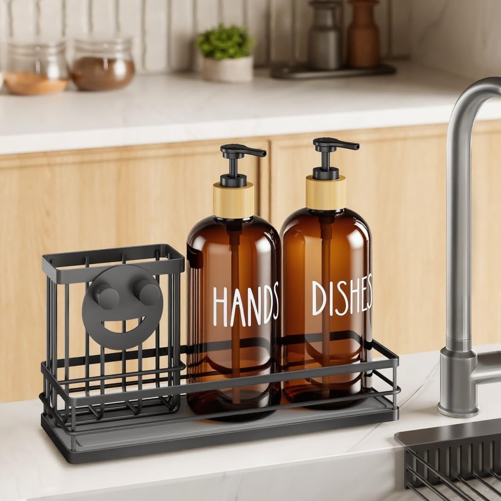 Moforoco Kitchen Dish Soap Dispenser Set, 16OZ Glass Bottle, Hand and Dish Soap Dispenser Set, Instant Dry Tray, Brush Holder with Smiley Face Sponge Holder (Black Tray+Amber Bottle) - Image 6