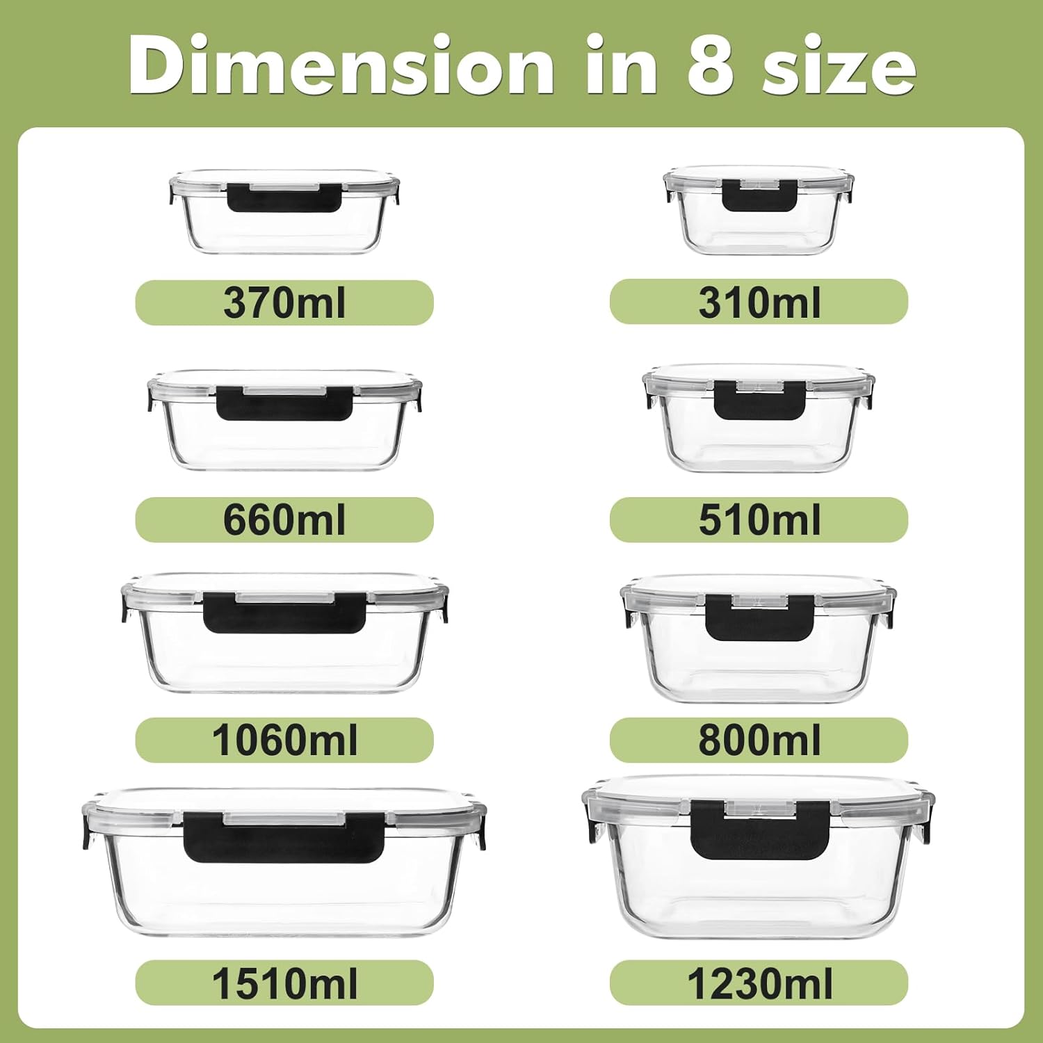 Liuruiyu 8 Pack Glass Food Storage Containers with Lids, Meal Prep Containers, Airtight Bento Boxes with Leak Proof Locking for Microwave, Oven, Freezer and Dishwasher, BPA Free - Image 9