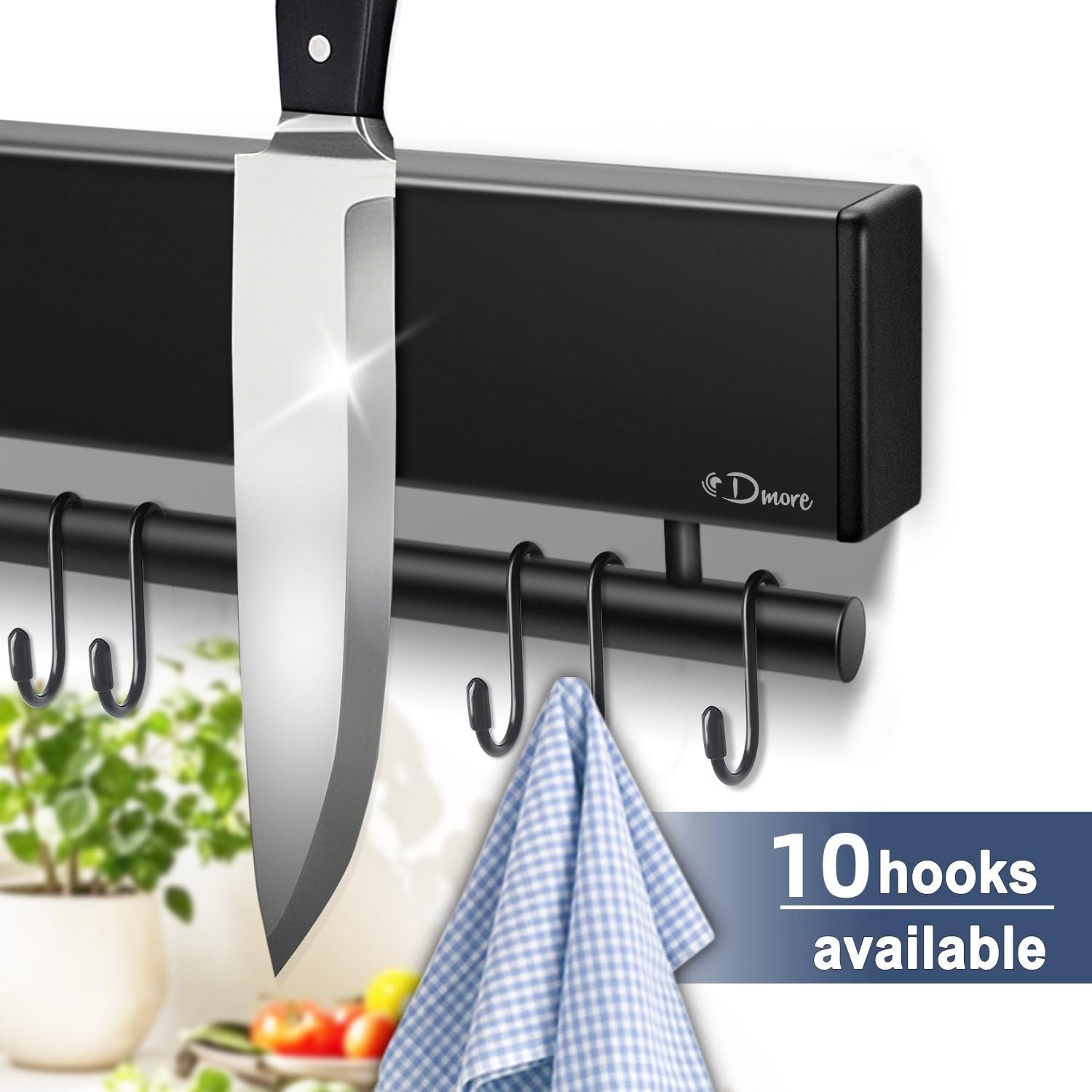 Dmore magnetic knife holder for wall—with 10 hooks, No Drilling 17 Inch black knife magnetic strip, Extra Strong Magnet knife rack, include Adhesive Tape and screws for Knives and Tools - Image 3
